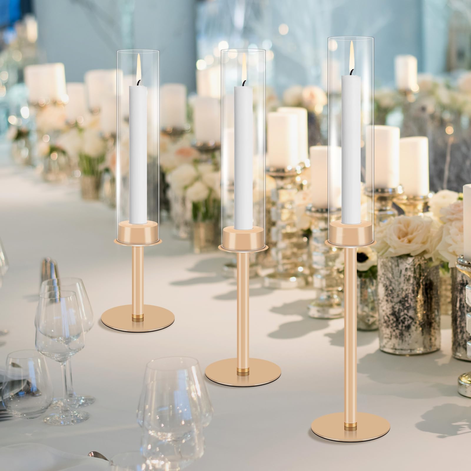 Gugxiom 6Pcs Gold Kerzenhalter, Glas Hurricane Kerzenhalter Gold, Kerzenhalter für Stumpenkerzen, für Haus Dekoration, Hochzeit, Essen, Party Dekorativ