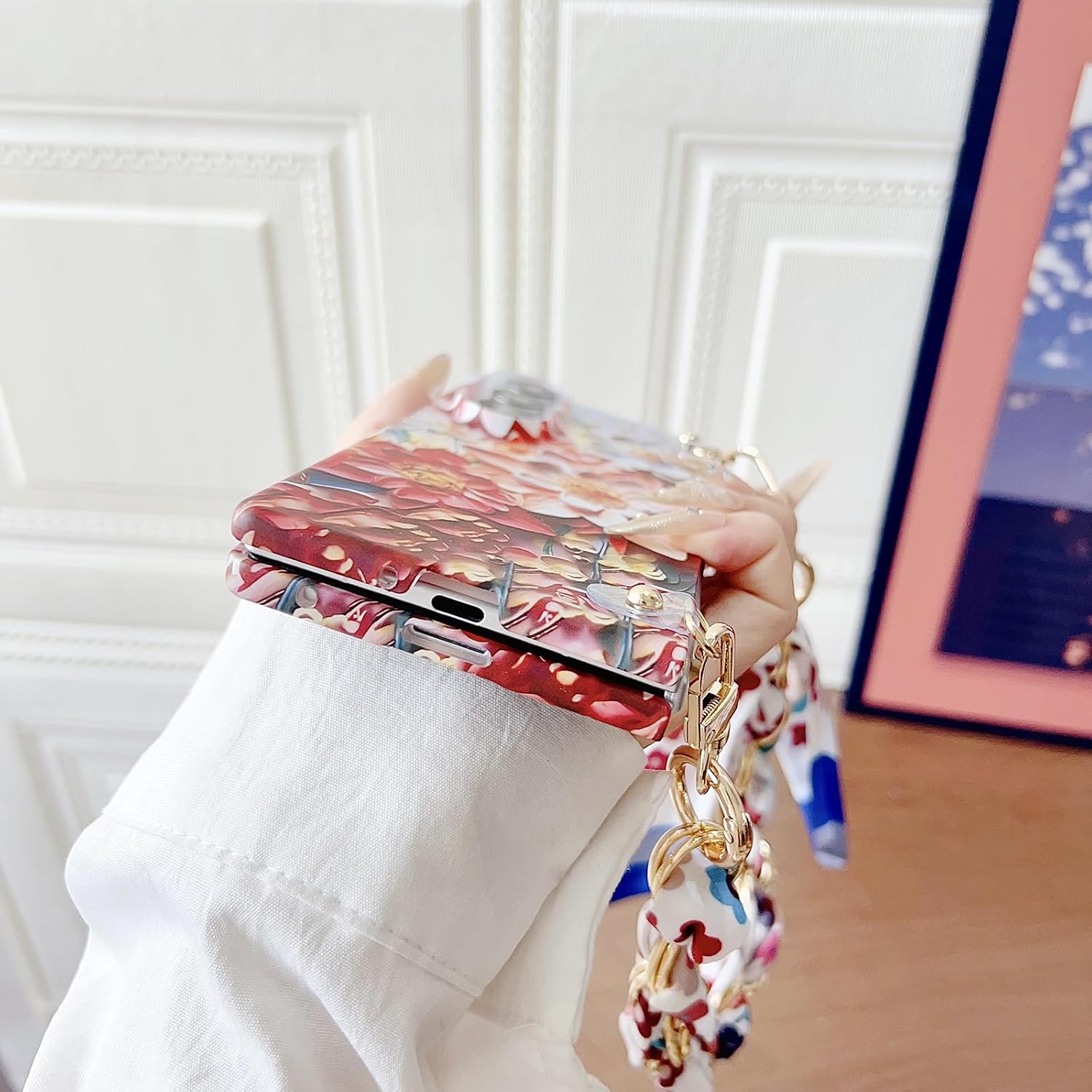 Omio for Galaxy Z Fold 7 Cute Case with Detachable Lanyard Wrist Strap Silk Scarf for Girls Women, Colorful Retro Oil Painting Printed IMD Flower Design Hard PC Shockproof Floral Cover, Pink