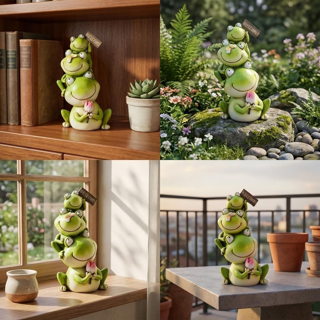 Stacked Frog Figurine Set - 3-Tier Resin Frogs with Welcome Sign & Lotus, Whimsical Indoor/Outdoor Decor for Garden, Desk & Porch