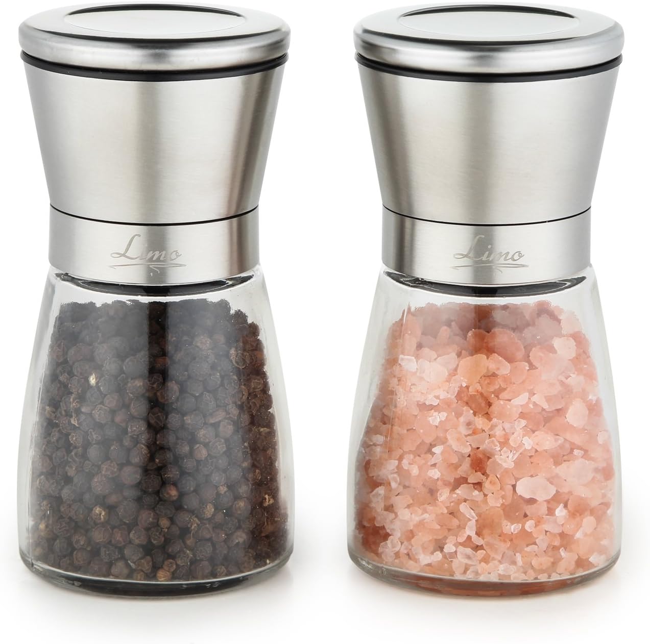 LUXURY Salt And Pepper Grinder Kitchen Set - Stainless Steel Pepper and Salt Mill - with glass body and adjustable ceramic rotor mechanism, combo set, create the best seasoning for your food - by Limo