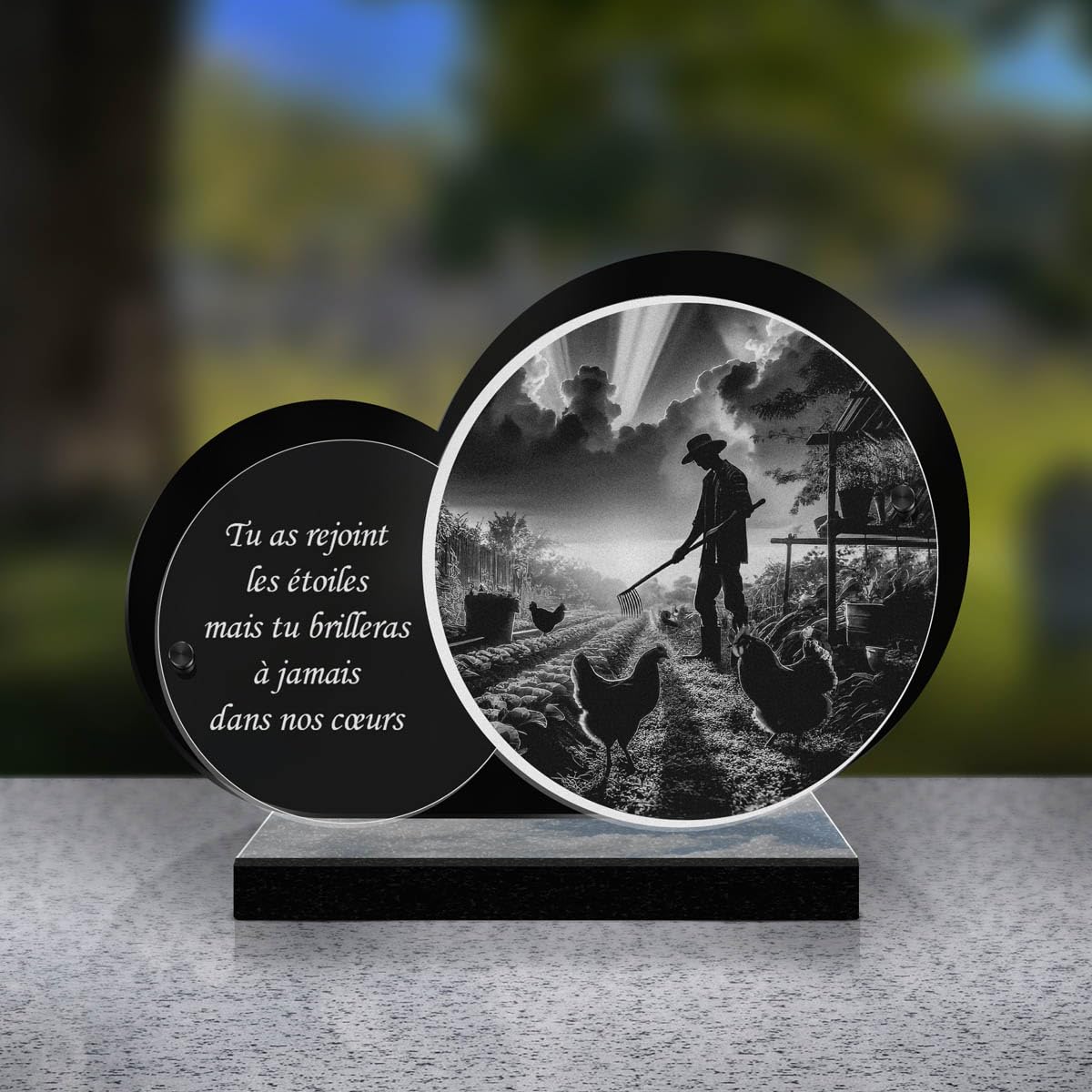 ETERNEL - Plaque Funéraire Personnalisée Double Cercle - Potager, Jardin, Jardinage, Paysan - Texte personnalisable, plaque funéraire gravée au laser, hommage, plaque tombale, cérémonie, commémoration
