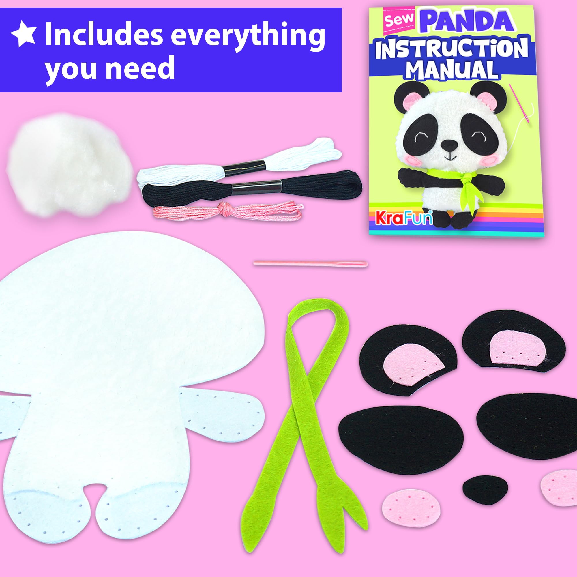 KRAFUN Panda Sewing Kit for Kids Ages 7-12, Beginner Craft Set with Panda Stuffed Doll, Plush Felt Materials, Instructions, Embroidery Supplies, Pre-Punched Fabric