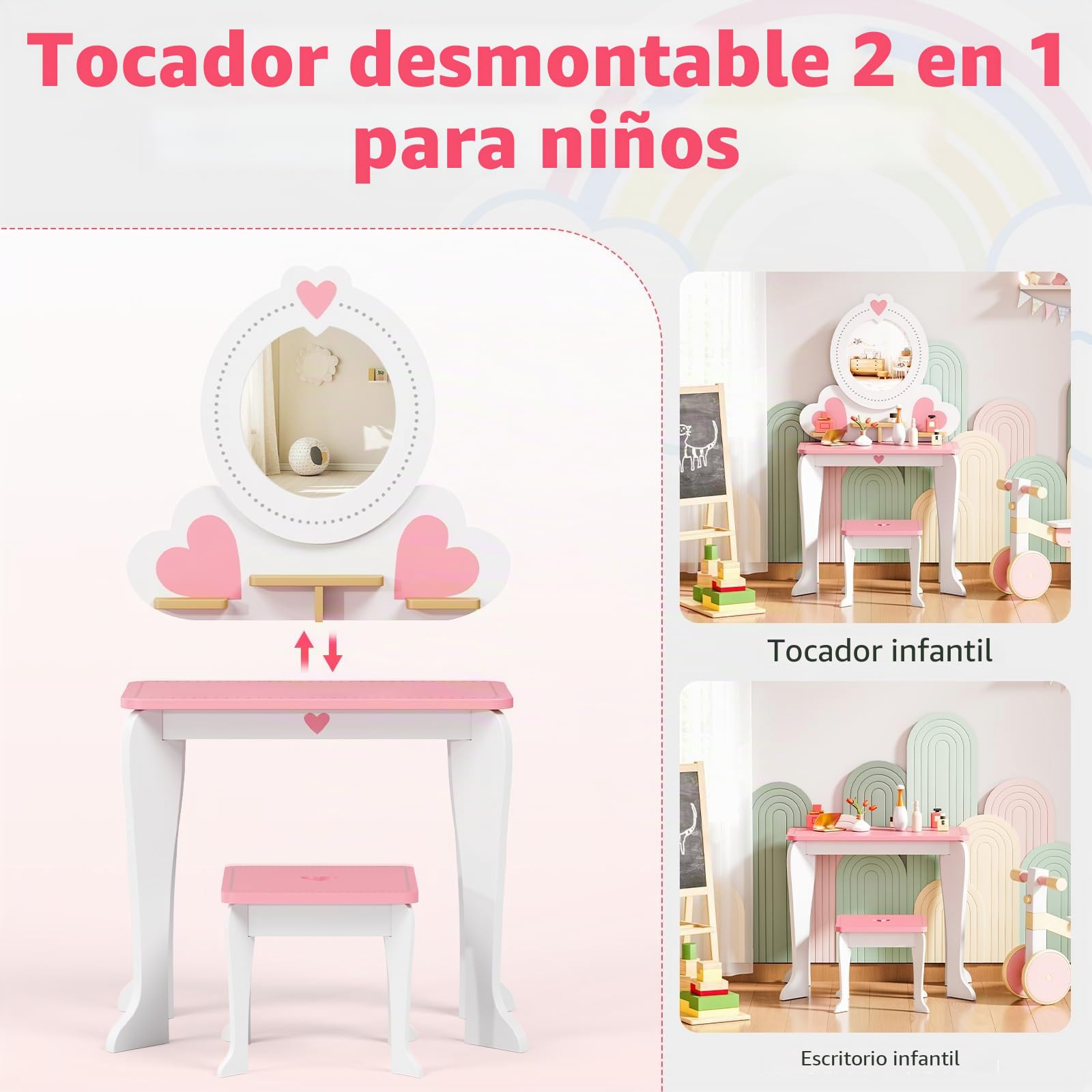 MAMIZO Tocador Infantil con Espejo Extraíble, Mesa de Maquillaje Niños