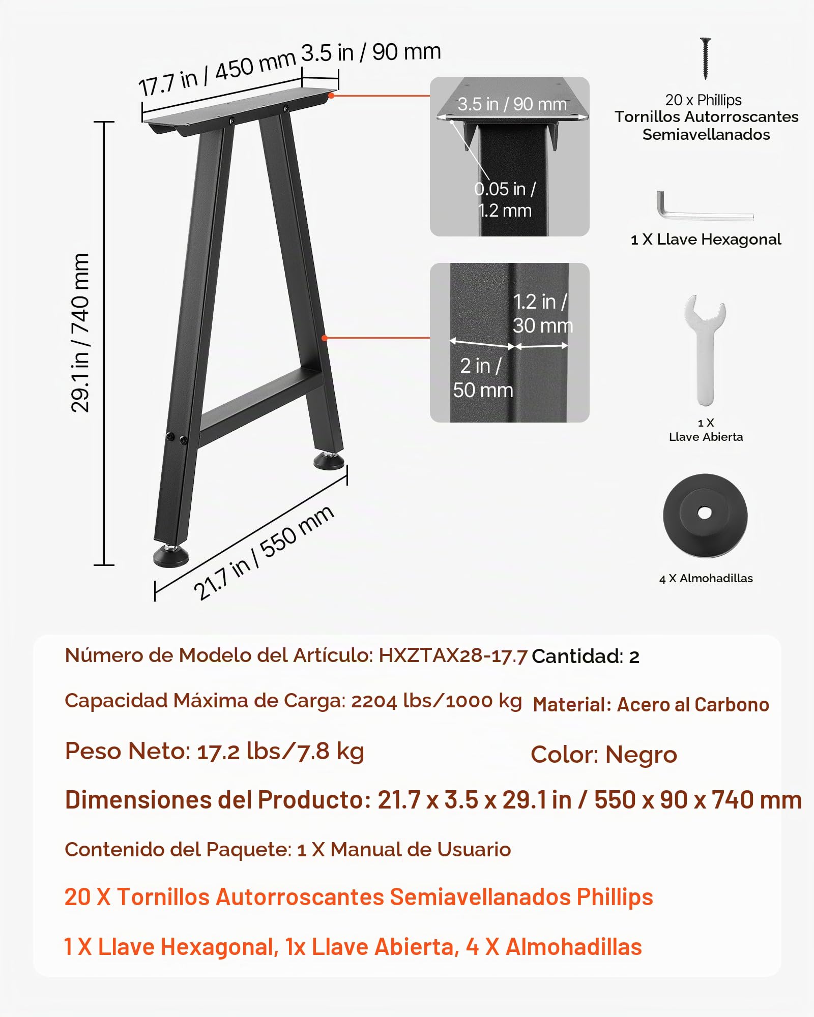 VEVOR Patas de Mesa en Forma de Trapecio, de Acero al Carbono, 750 x 550 mm, Capacidad Máxima 1000 kg, Juego de 2 Patas con Kit de Herrajes para Muebles, Escritorio, Mesa de Bar y Banco de Trabajo