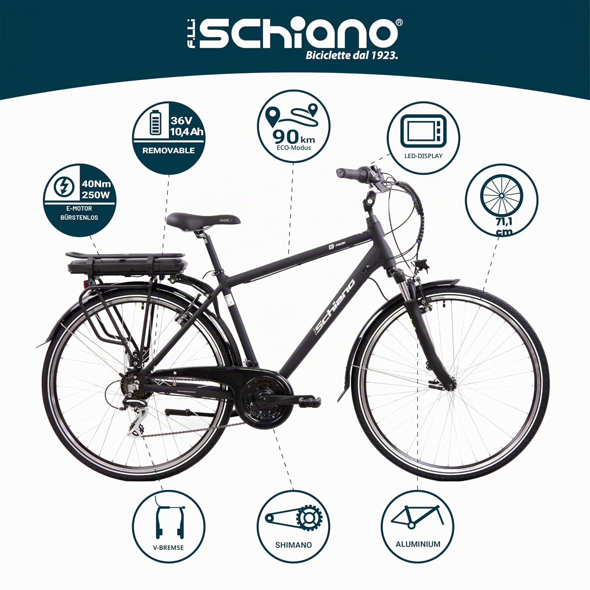 F.LLI Schiano E-Ride, E Bike Trekking 28 Zoll, 36V 10.4Ah Abnehmbarer Akku, Motor 250W 40Nm, Trekking EBike für Herren
