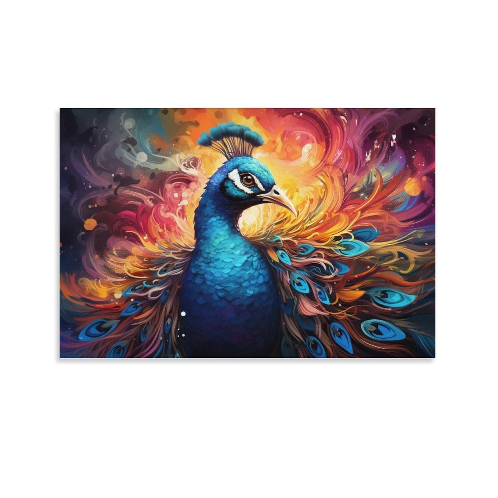 CPLVKWRQJ Bright Magical Colorful Single Peacock with Colorful Swirling Feathers Canvas Wall Art - Housewarming Gift Living Room Focal Point Ready to Hang Decor 12x18inch(30x45cm)