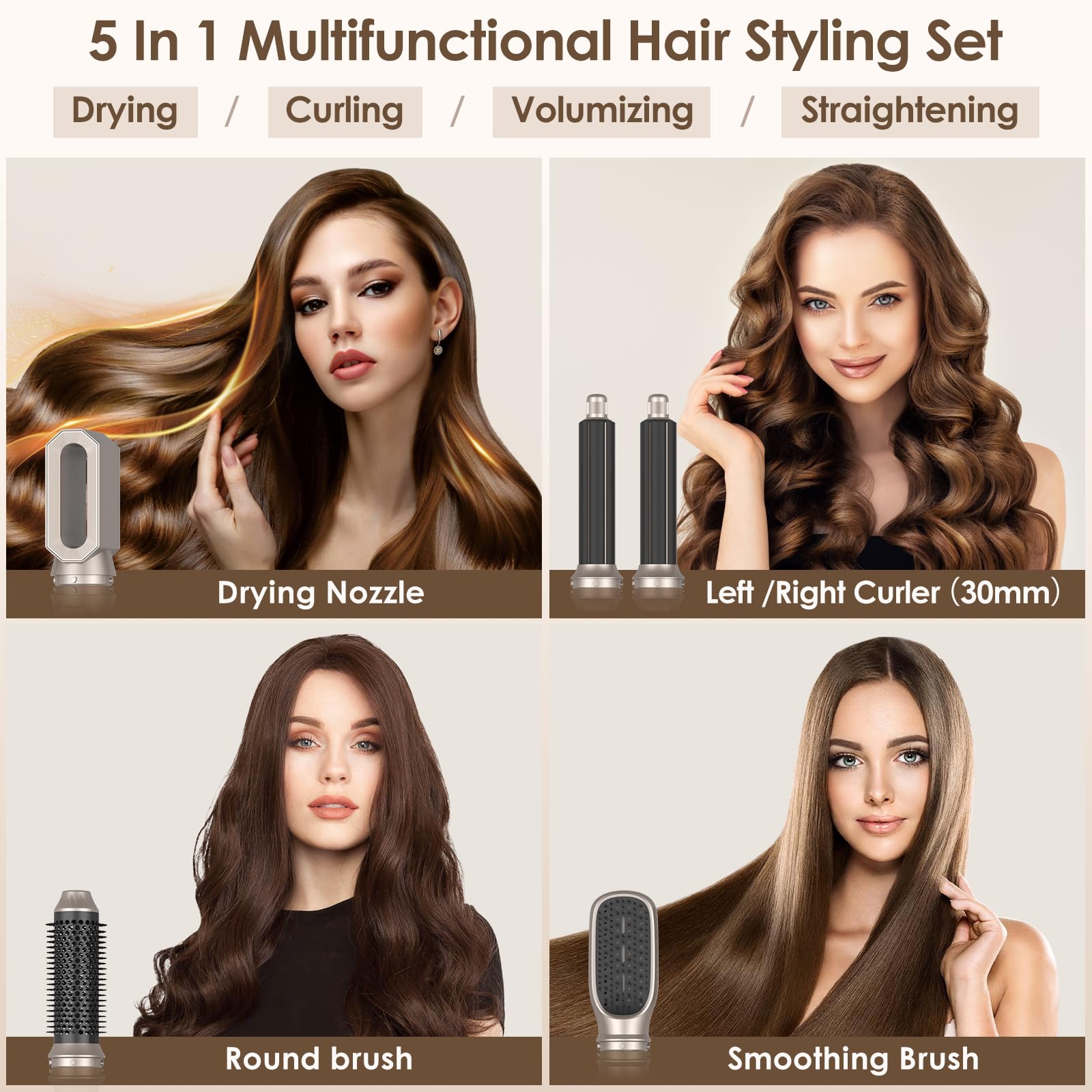 Spazzola ad Aria Calda 5 in 1, 1000W Spazzola Asciugacapelli, Multiplo Hair Air Styler Set con 3 Temperature, Spazzola Modellante Ad Aria Per Capelli Ricci,Volumizzante,Lisciante,Asciugare
