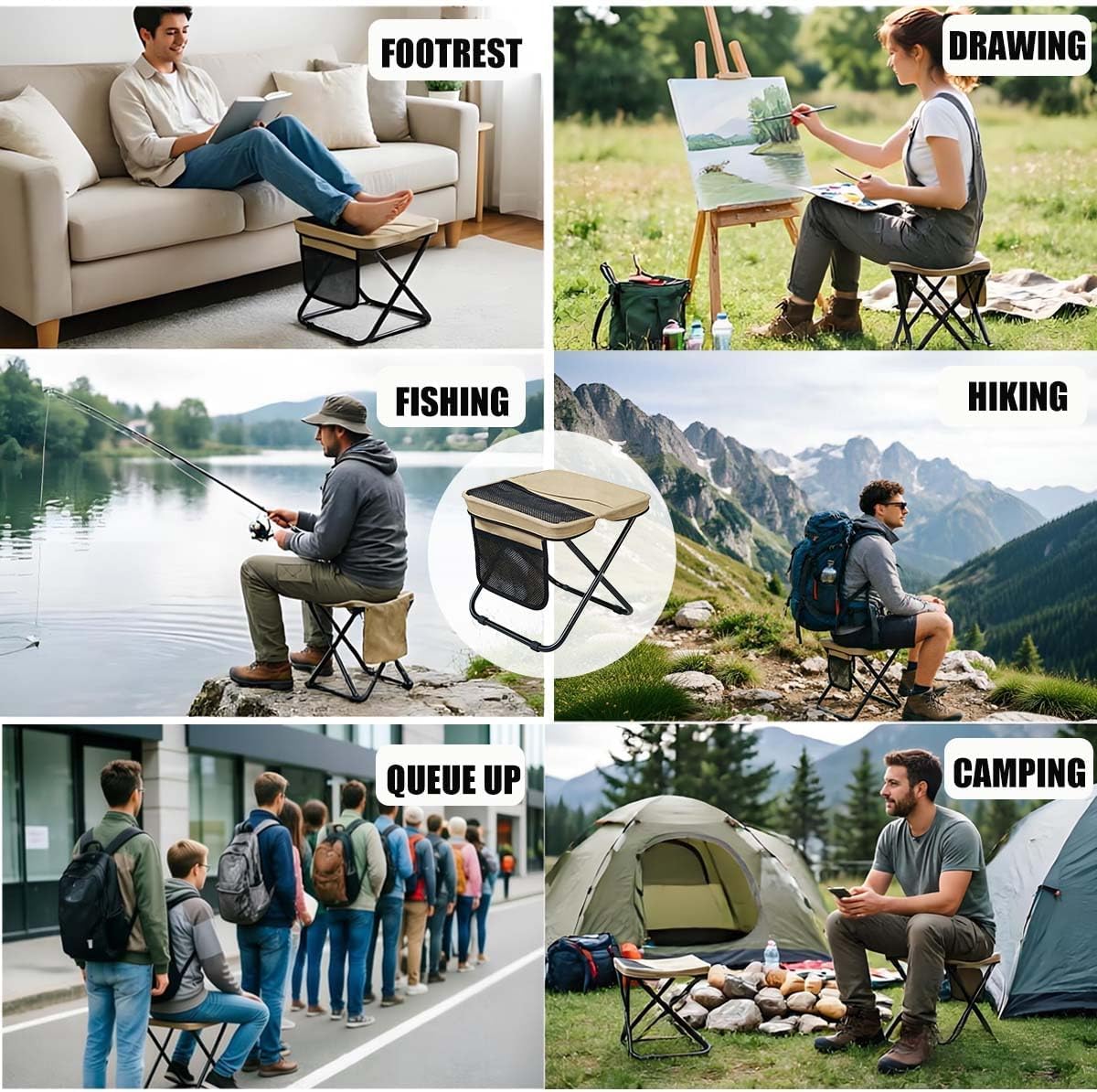 Portable Collapsible Stool Chair,Upgraded Folding Stool, Handbag-Style,Sturdy, Adjustable,Foldable Seat Stools for Outdoor Camping Fishing Hiking Queue up