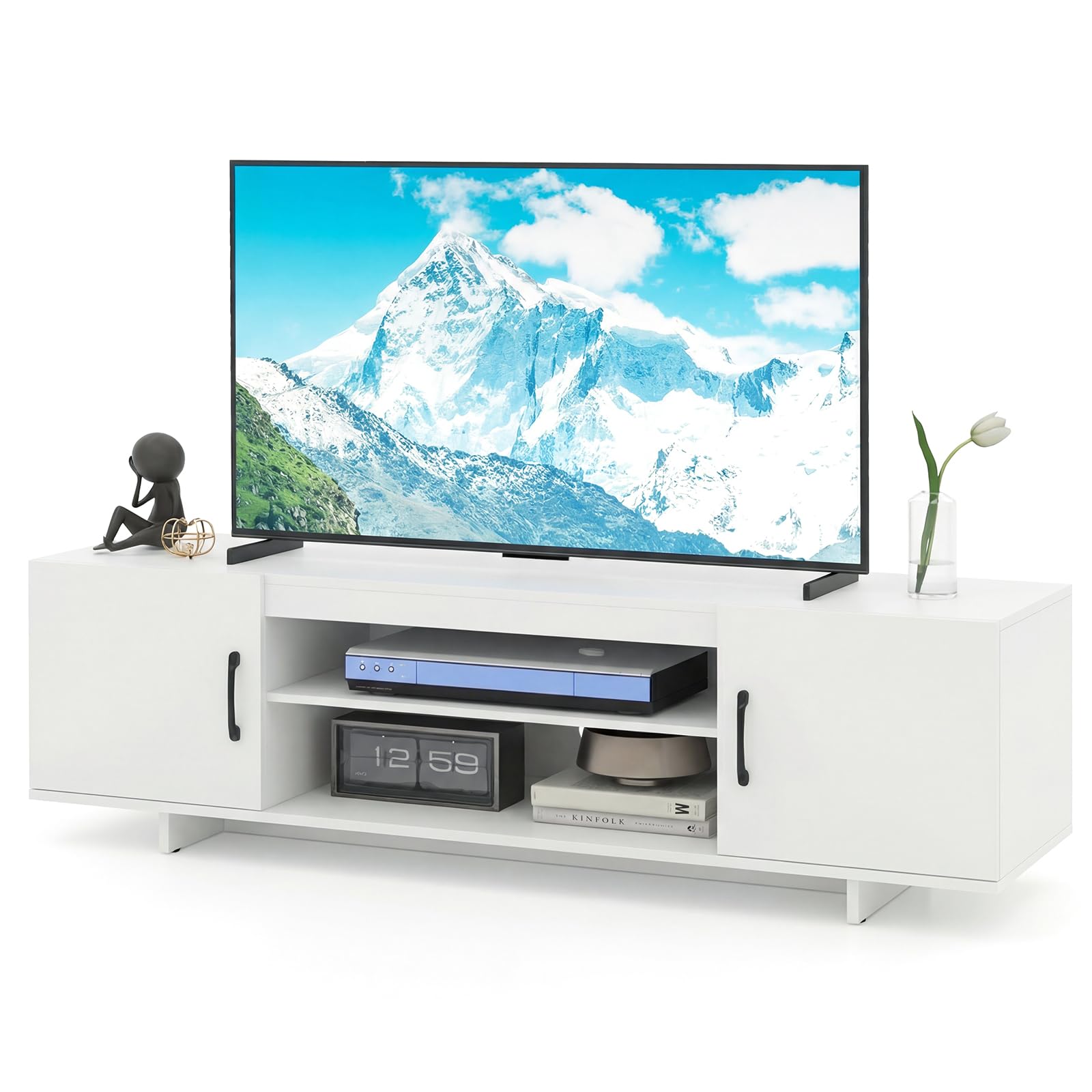 COSTWAY TV Stand Cabinet for 70 Inch TVs, 152cm TV Unit Media Entertainment Center with Charging Station, Storage Shelves and 2 Doors, Wooden Media Console Table for Living Room Bedroom (White)