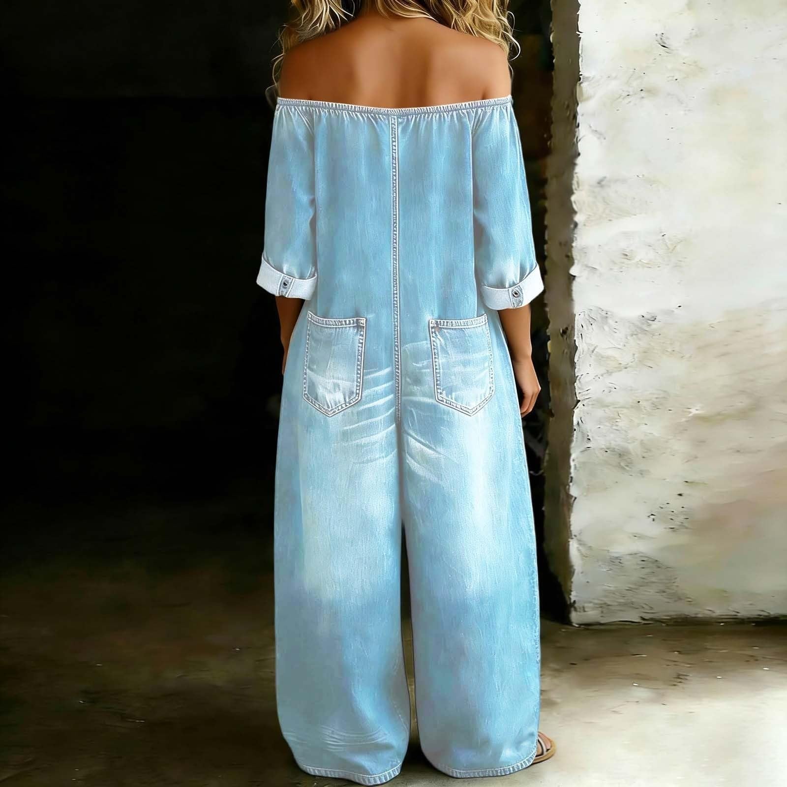 Generisch Mono para mujer de manga larga - Mono con hombros descubiertos, pierna ancha, con botones, pantalones vaqueros de una pieza, holgados, para el trabajo