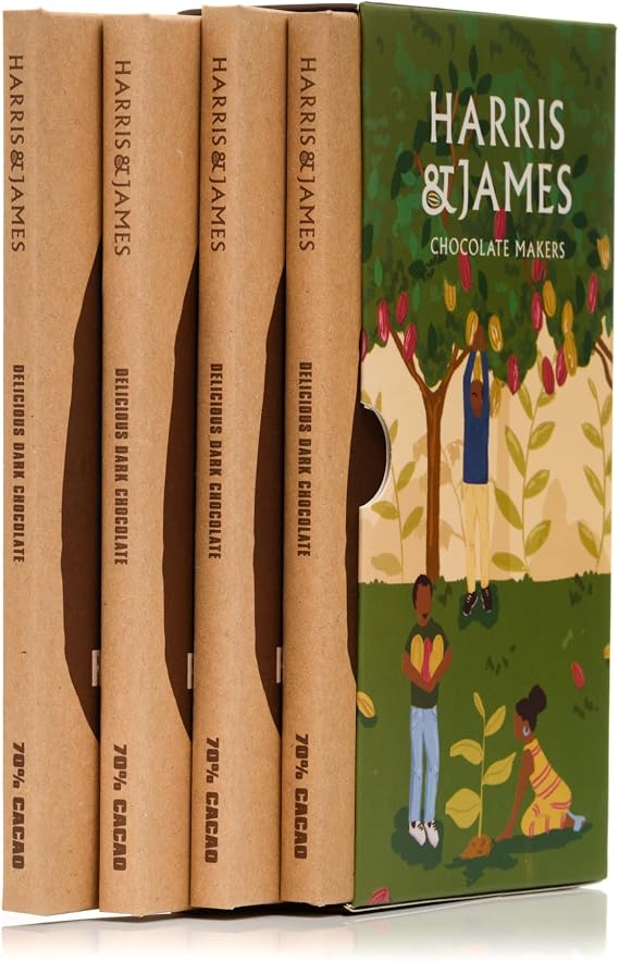 Harris & James 4 x Delicious Dark 70% Dark Chocolate Bar Library Pack, Handcrafted Bean To Bar Chocolate In A Gift Box Made From Cuencas de Huallaga Cacao (86g x 4 Bars)