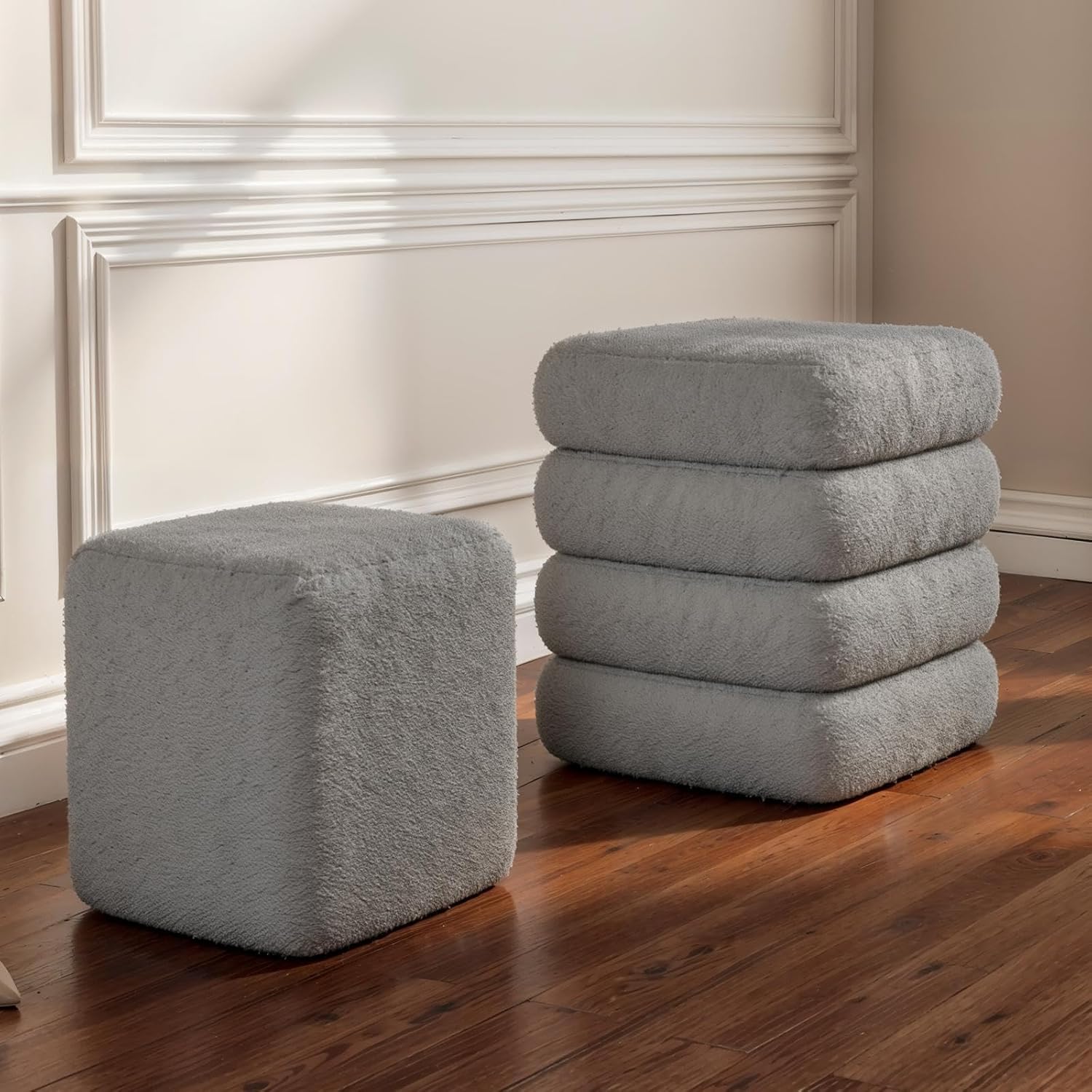 Square Set of 2 Sherpa Storage Ottoman Stool with Removeable lid,Load up to 440 lbs Footstool, Boucle Vanity Stool for Livingroom Bedroom Gray UASND69G