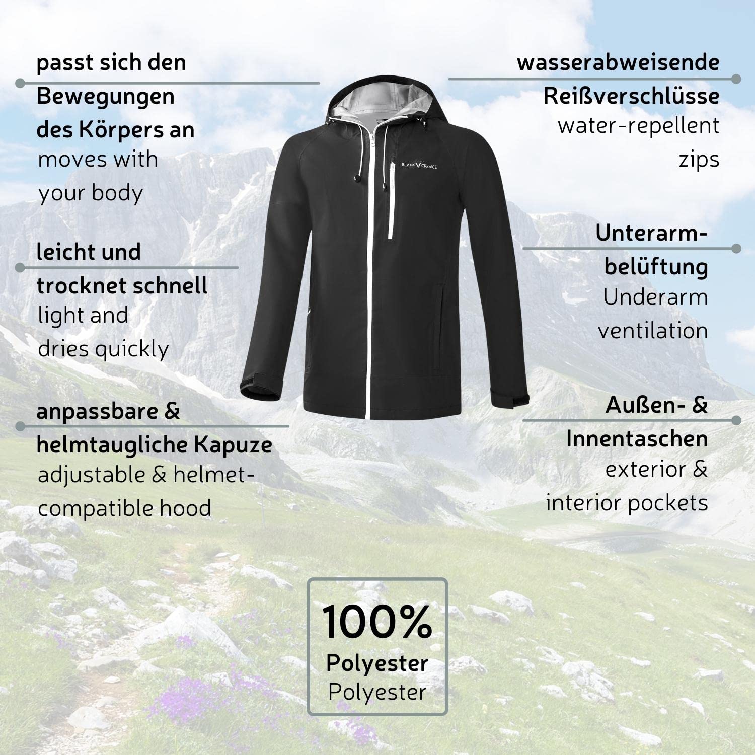 Black Crevice Herren Hardshell Jacke I Hochwertige Outdoor Jacke Herren I 3L Funktionsjacke aus 100% Polyester I Atmungsaktive Herrenjacke I Wind- & Wasserfeste Outdoor Regenjacke Herren