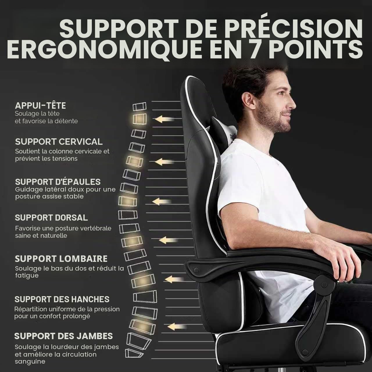 Chaise Siege Gaming Ergonomique-Chaises de Gamer avec Appui-Tête et Support Lombaire Repose-Pieds Rétractable Inclinaison du Dossier de 90 à 135° Capacité de Charge de 200 Kg
