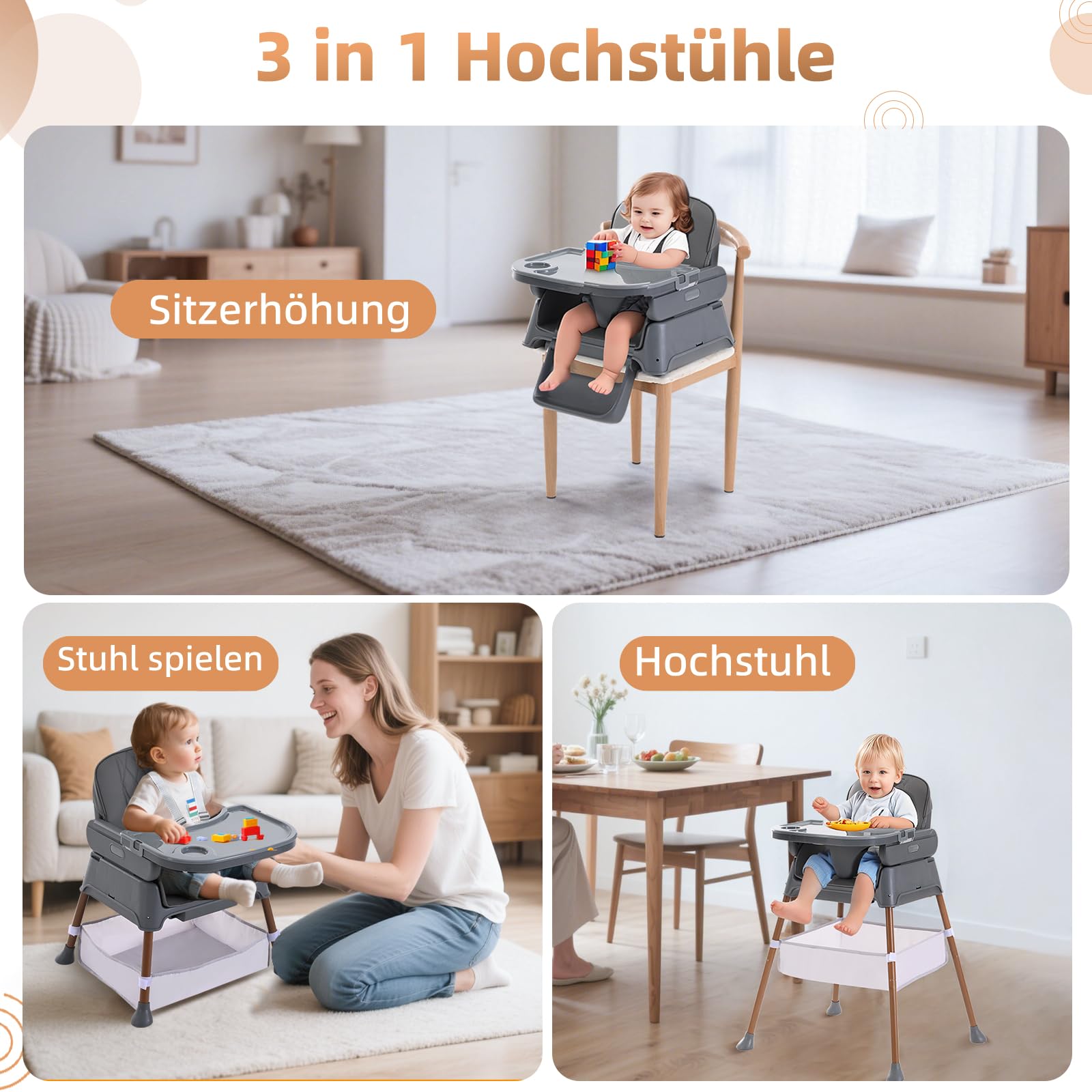 Hochstuhl Baby, Verstellbare Umwandelbare 3 in 1 Kinderhochstuhl, Tragbare Kompakte Baby Kleinkind Fütterung Stuhl Reise Hochstuhl Booster für Kleinkind, von 6 Monaten bis 3 Jahren (dunkelgrau)