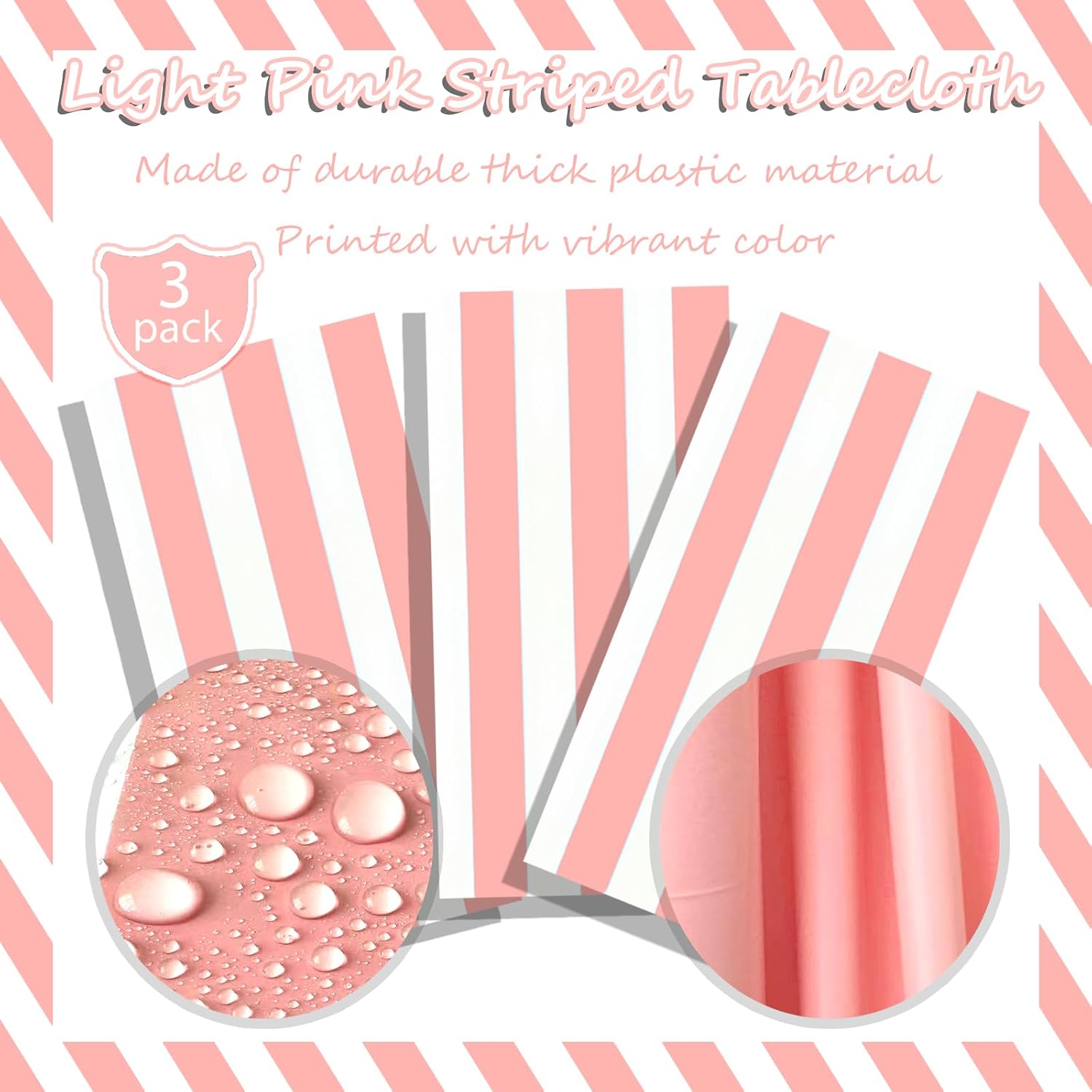 OQOQ Pink Striped Tablecloth (3 Packs), 54x108 inch Pink Birthday Party Table Cloths Disposable Plastic Rectangle Table Cover for Valentines Girls Gender Reavel Candy Coquette Party image 4