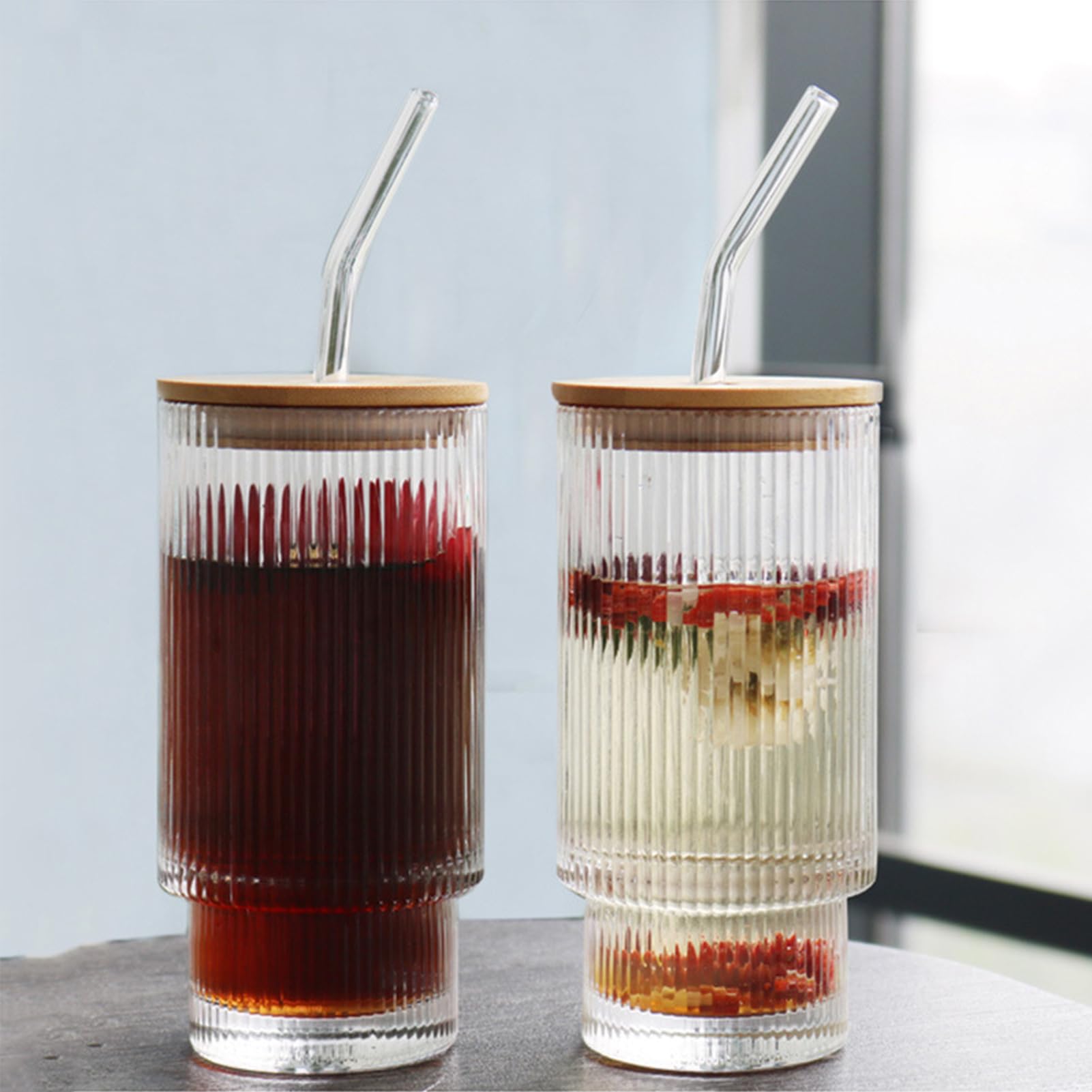 Set Bicchieri Vetro Con Cannucce - 6 Pezzi Da 500ml, Coperchio Bambù, Per Cocktail E Bevande - Foto 11