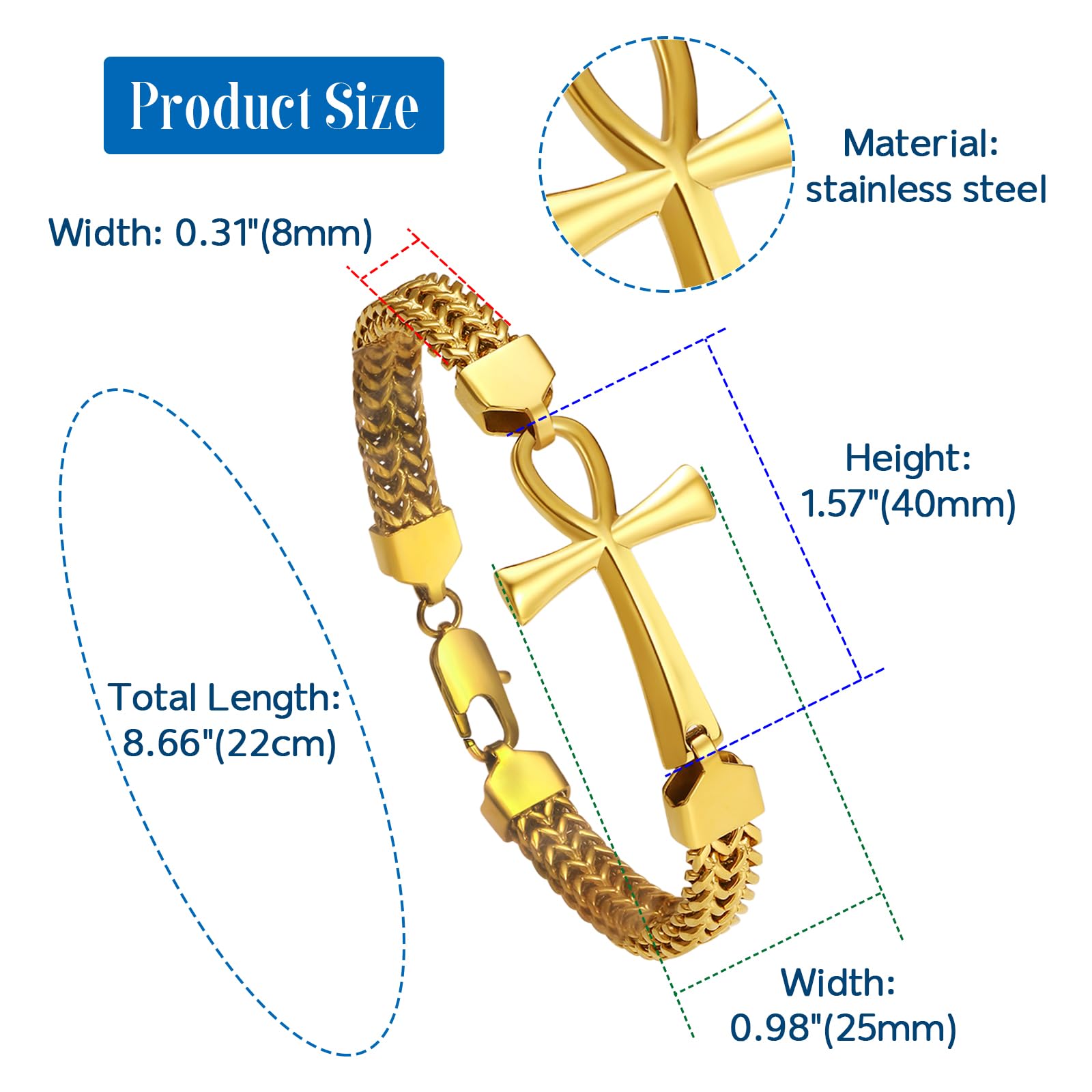 OIDEA Pulsera de cruz egipcia Ankh para hombre: doble fila trenzada de cadena Franco, llave de la vida, pulsera de acero inoxidable para hombre, amuleto de protección, regalo de joyería