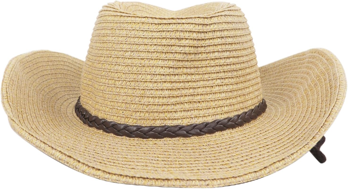 Mens Womens Western Cowboy Straw Hat Classic Brown Cowgirl Woven Sun Hat Roll Up Fedora Hat