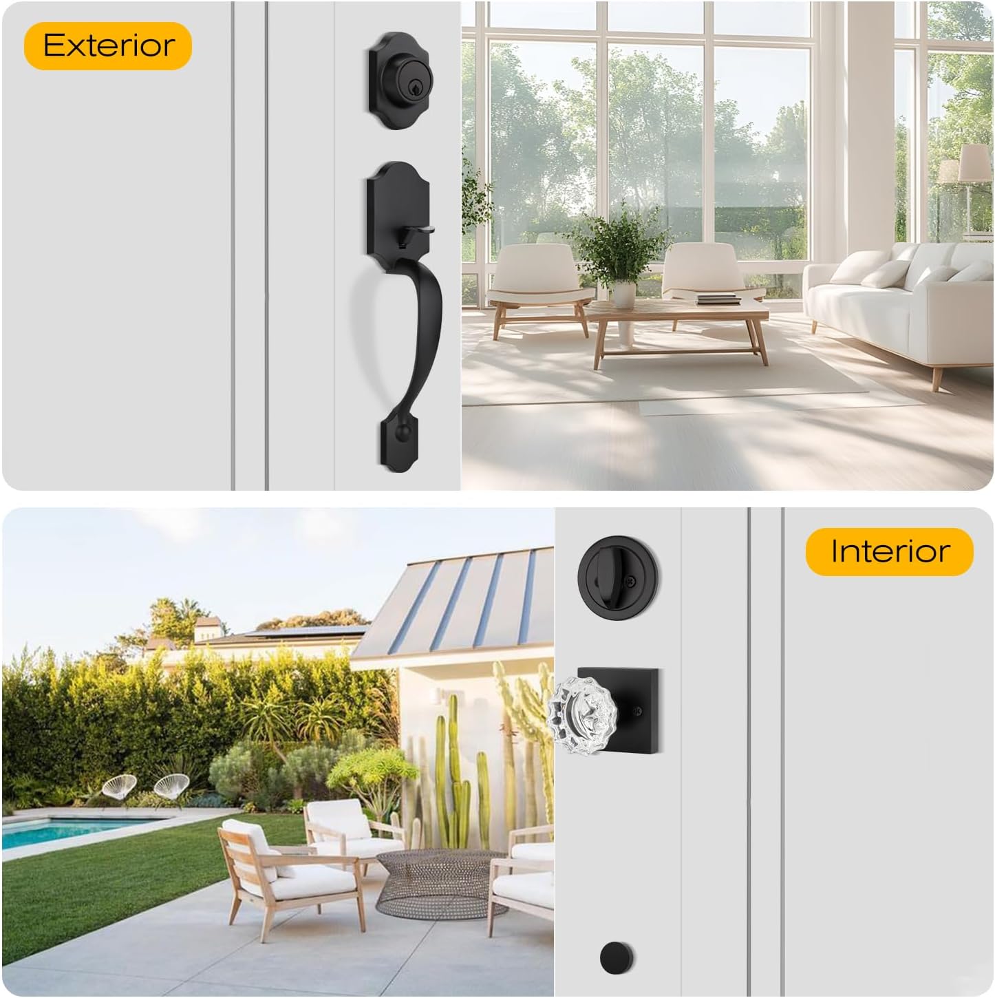 EHOMEWARE Front Door Handle and Deadbolt Set, Matte Black Exterior Door Lock Set, Front Door Lock with Single Deadbolt, Heavy Duty Crystal Entry Door Handle, Fits Both Left and Right Doors