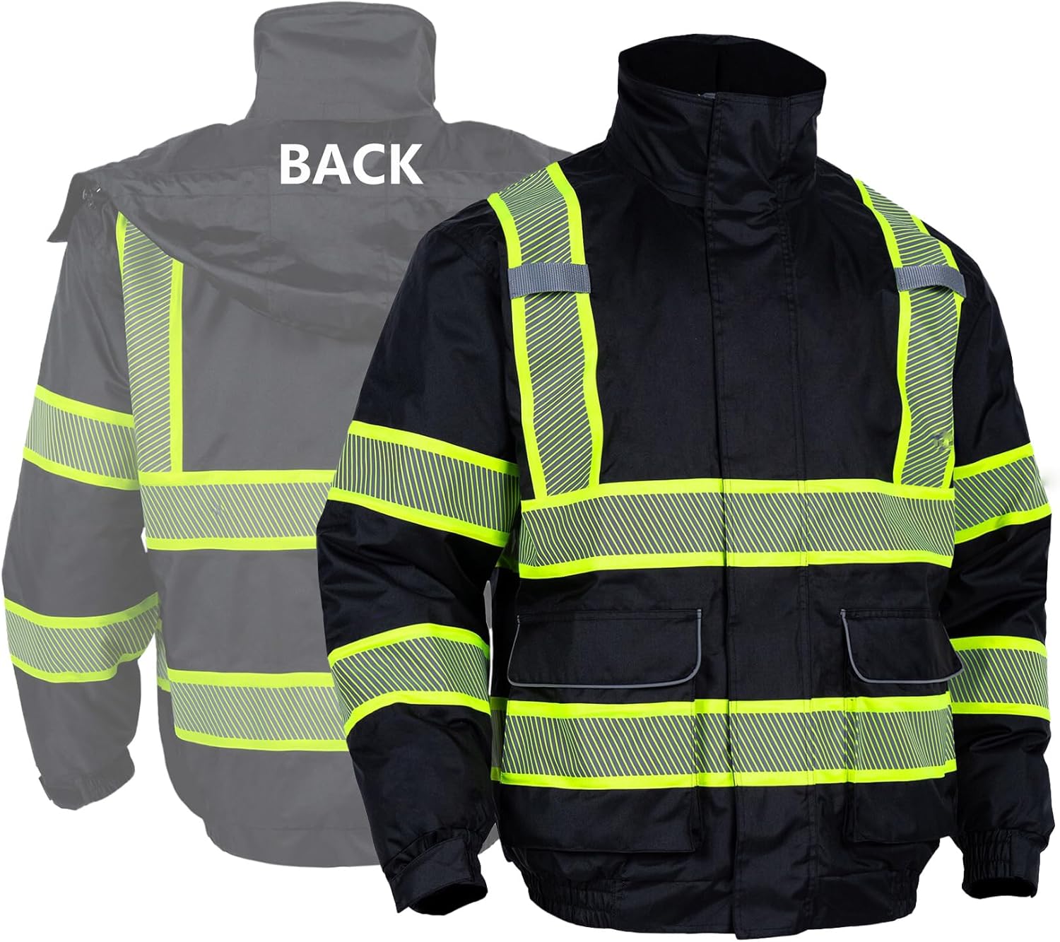 High Visibility Bomber Work Jacket for Men, ANSI Class 3 Waterproof Reflective Safety Jacket with Hood, Fleece Lining