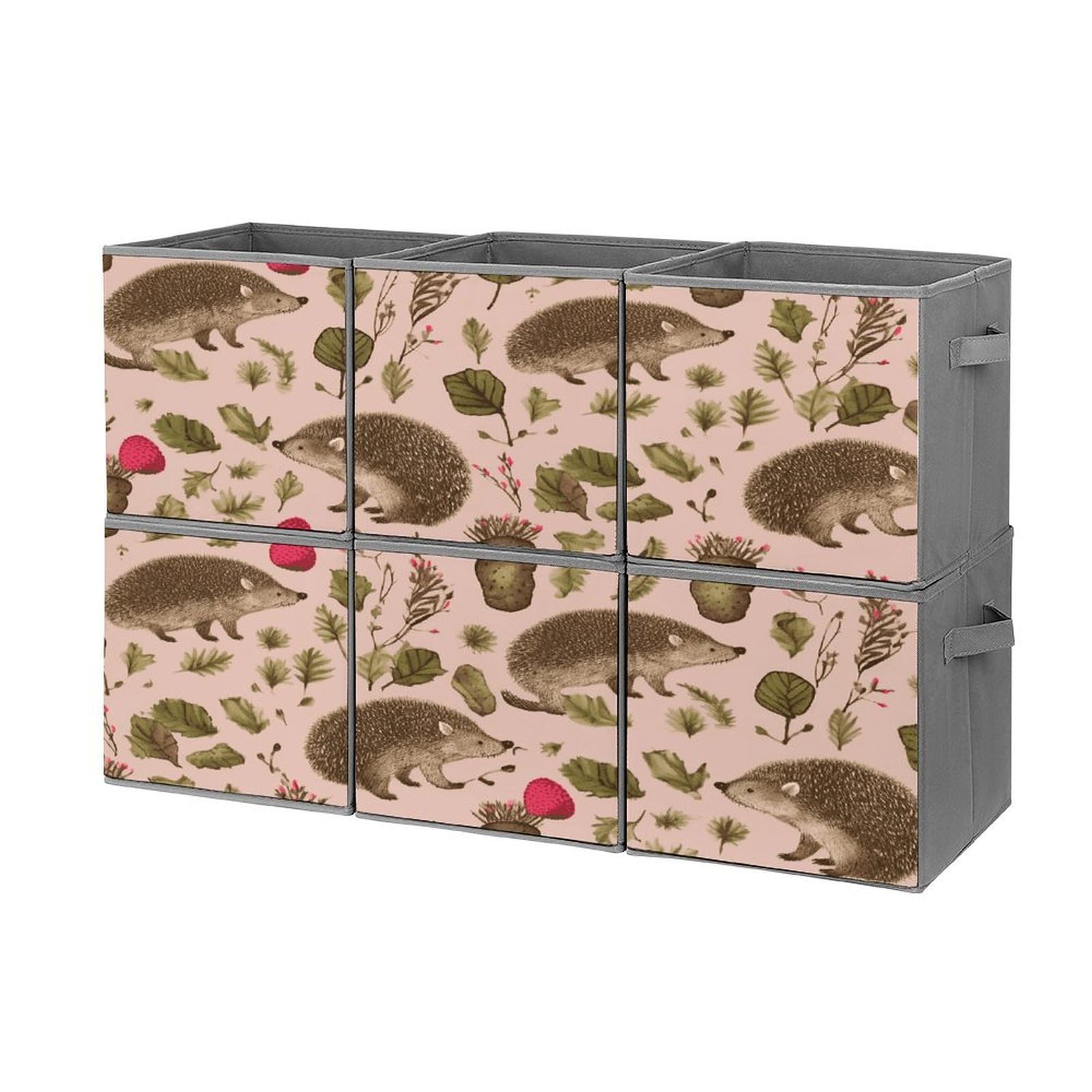 Btcowzrv Style Hedgehog Print Storage Cubes, 6 Pack Oxford Fabric Foldable Collapsible Bins With Handles, Cubby Storage Baskets Boxes For Closet Shelves Office Organization