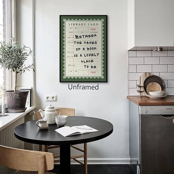 XMQQLL Green Library Card Canvas Wall Art, Between The Pages of A Book Is A Lovely Place To Be Poster, Positive Bookish Quotes Wall Decor, Trendy Reading Nook Picture for Book Lover 12x16in Unframed