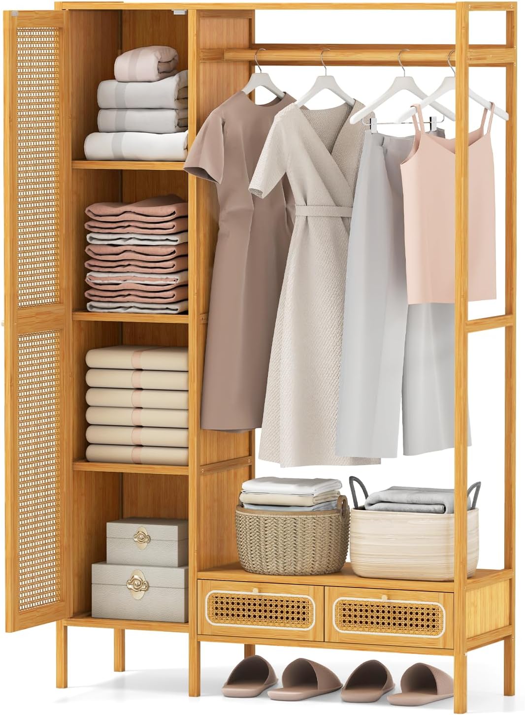 Giantex Bamboo Clothes Rack with Shelves, Freestanding Garment Rack w/Rattan Door, Hanging Rod, Storage Shelf, 2 Drawers, 7-Tier Heavy Duty Wardrobe Closet Organizer w/Cabinet for Entryway Bedroom
