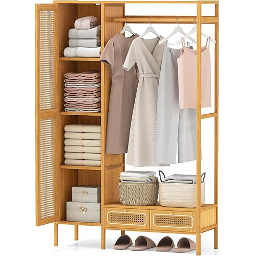 Giantex Bamboo Clothes Rack with Shelves, Freestanding Garment Rack w/Rattan Door, Hanging Rod, Storage Shelf, 2 Drawers, 7-Tier Heavy Duty Wardrobe Closet Organizer w/Cabinet for Entryway Bedroom