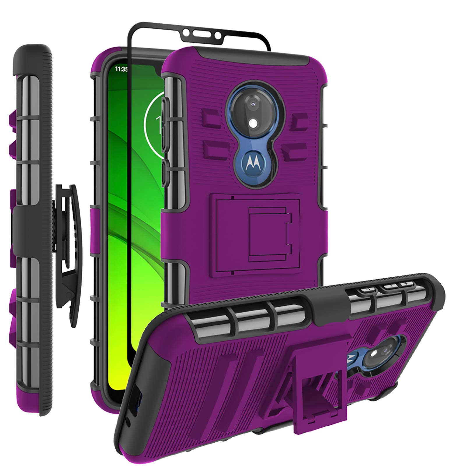 Moto G7 Power Case, Moto G7 Supra Case, ChangeJ Case with Tempered Glass Screen Protector Holster Belt Clip Amor Case for Motorola Moto G7 Power/Supra - Purple