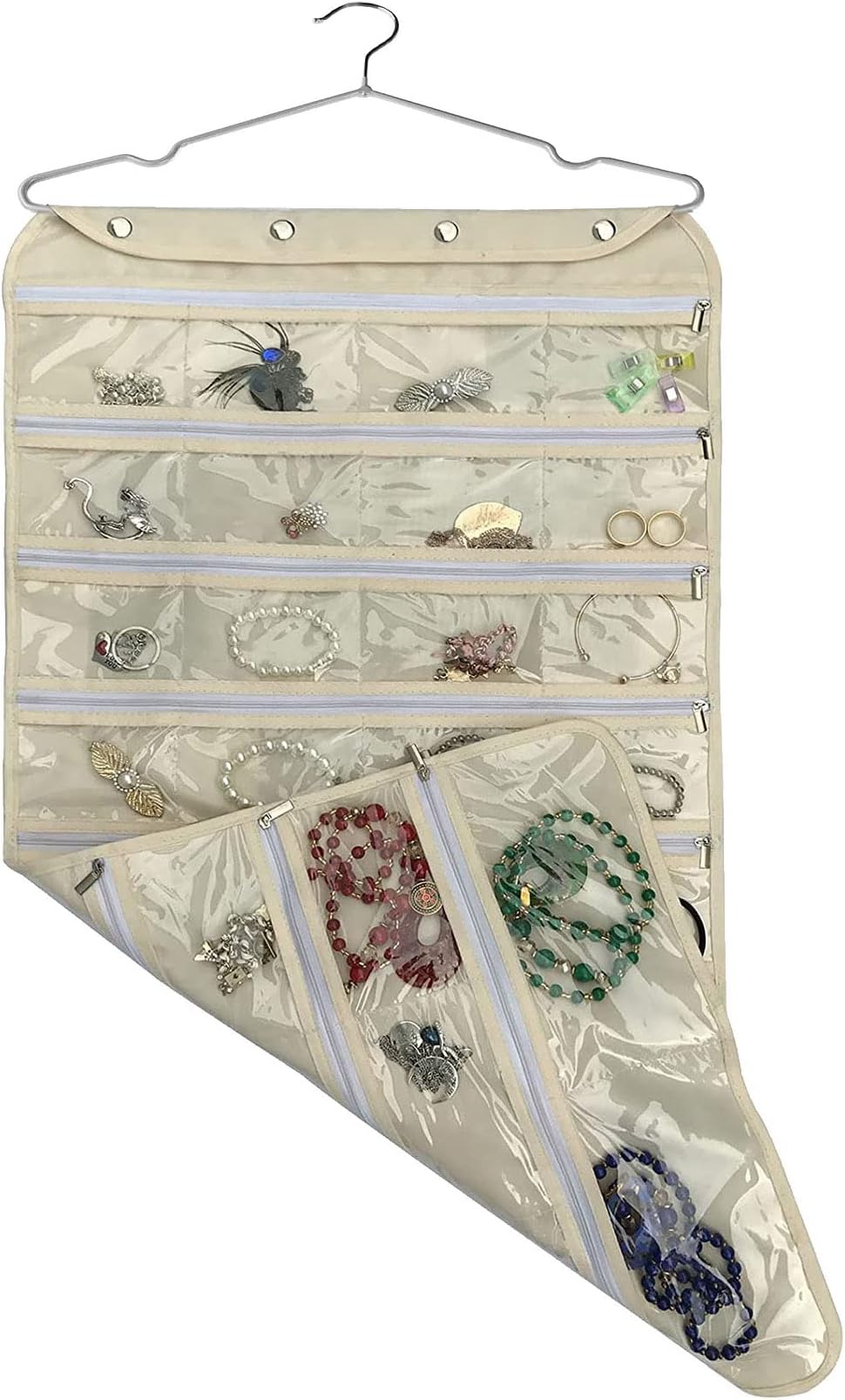 Hanging Jewelry Organizer,Accessories Organizer,56 Zipper Pocket Organizer for Holding Jewelries (Beige-Zipper)