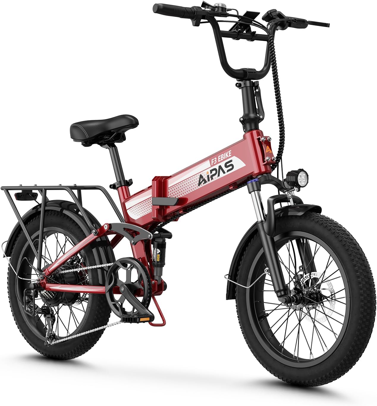 Aipas F3 Electric Bike for Adults with 1500W Motor Peak, 48V 12.8Ah Removable Battery Max 62 Miles 28MPH,20" x 3.0 Fat Tire Folding Electric Bike with 7-Speed and Full Suspension.