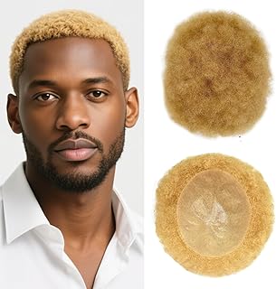 Man Weave Hair Units for Black Men Full Poly PU Curly Afro Toupee for Man Brazilian Human Hair System 6MM Afro Kinky Wig 22R# Light Blonde (6MM Afro Curl)
