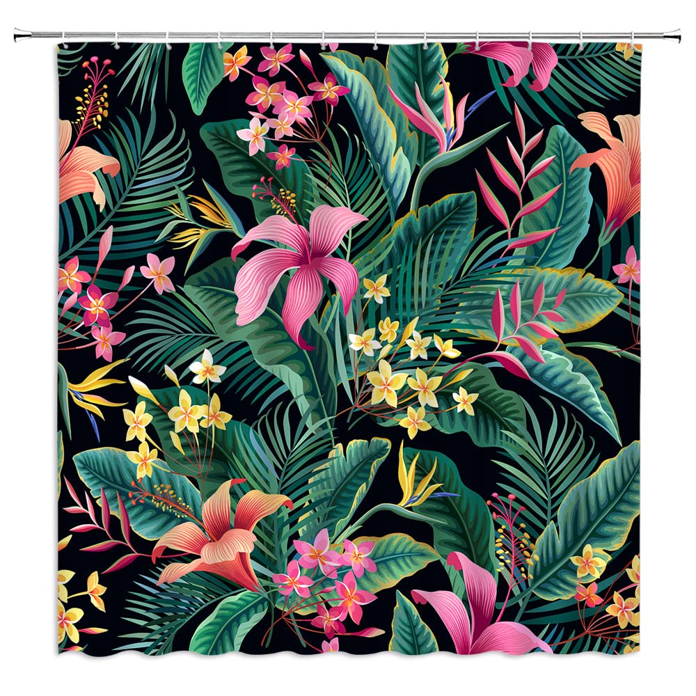 ZRUWUA Tropical Leaves Shower Curtain Pink Flower Floral Hibiscus Green Palm Banana Coconut Leaf Plant Botanical Spring Blossom Summer Hawaii Nature Scenery Polyester Fabric Bath Decor with Hooks