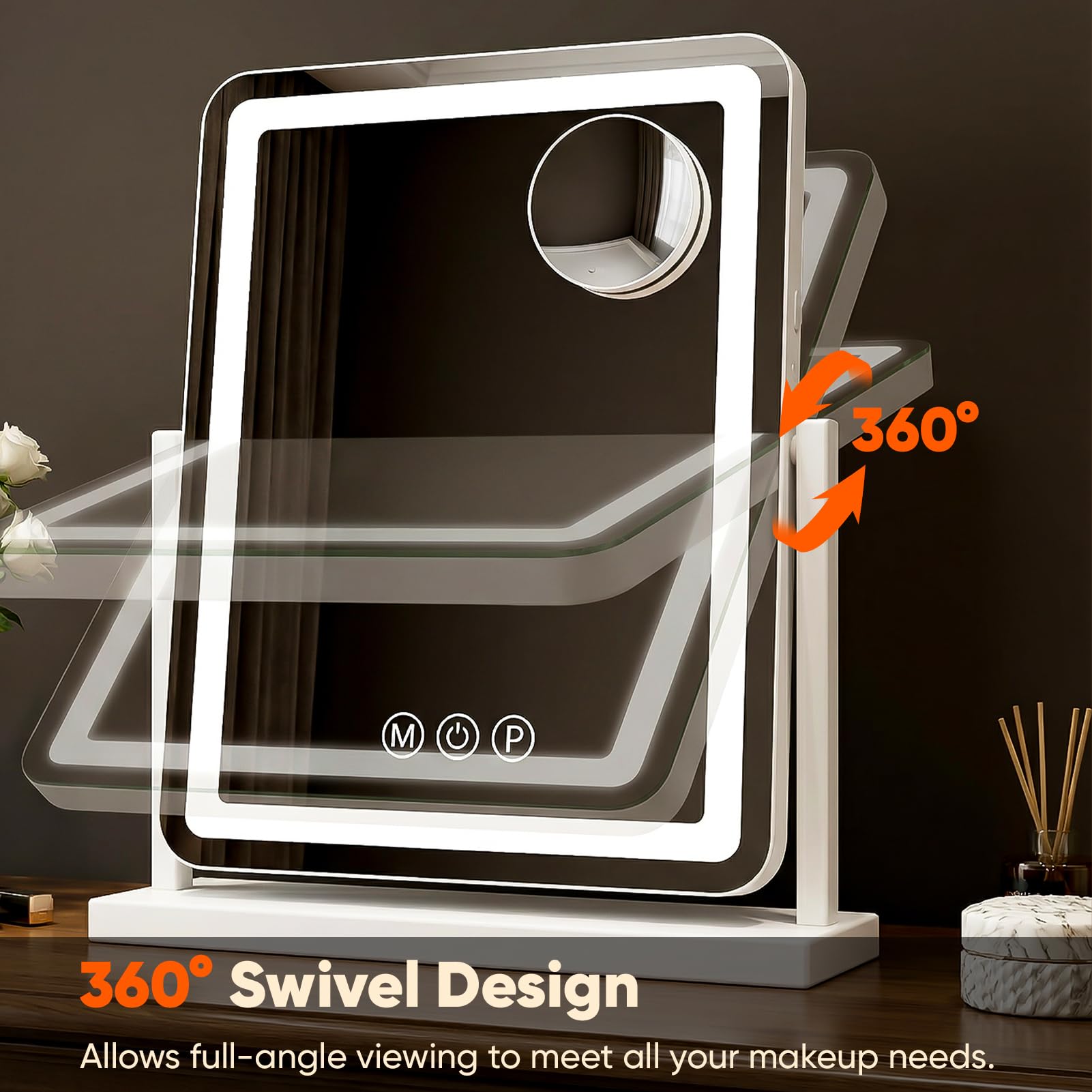 Antok Luces de espejo de maquillaje, 13 x 18 pulgadas, espejo de tocador grande con luz LED para mesa de dormitorio, tacto inteligente, con aumento desmontable de 10 veces