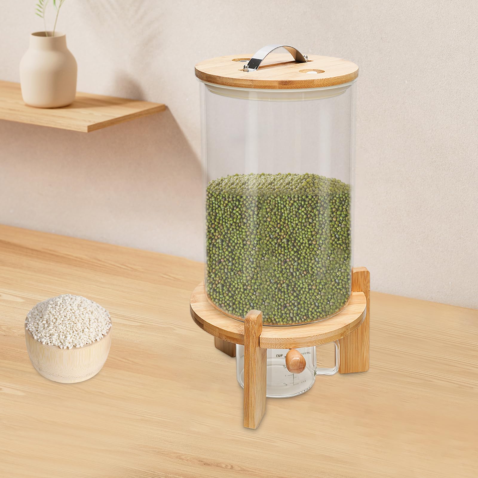 Depósito de cristal de 7,5 L con base redonda de bambú macizo, válvula de salida y vaso medidor, dispensador de cereales hermético para arroz, cereales, legumbres y alimentos secos para almacenamiento