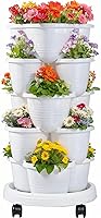 VECELO 5-Tier Self-Watering Vertical Garden Planter with Wheels - Stackable Strawberry Tower for Herbs, Flowers, Veggies, White