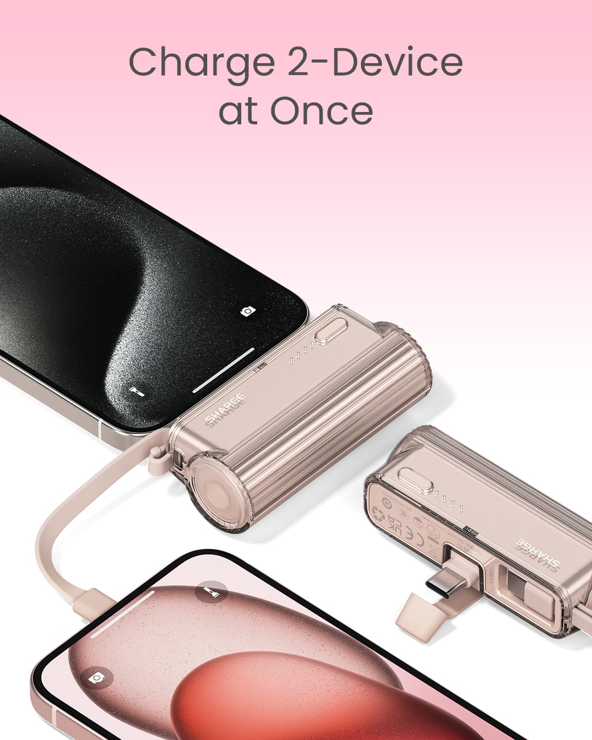 SHARGE Flow Mini cargador portátil, mini banco de energía de 5000 mAh con enchufes dobles y cable integrado, batería externa USB-C Lightning para iPhone 16, 15, 14, Galaxy S23, Note20