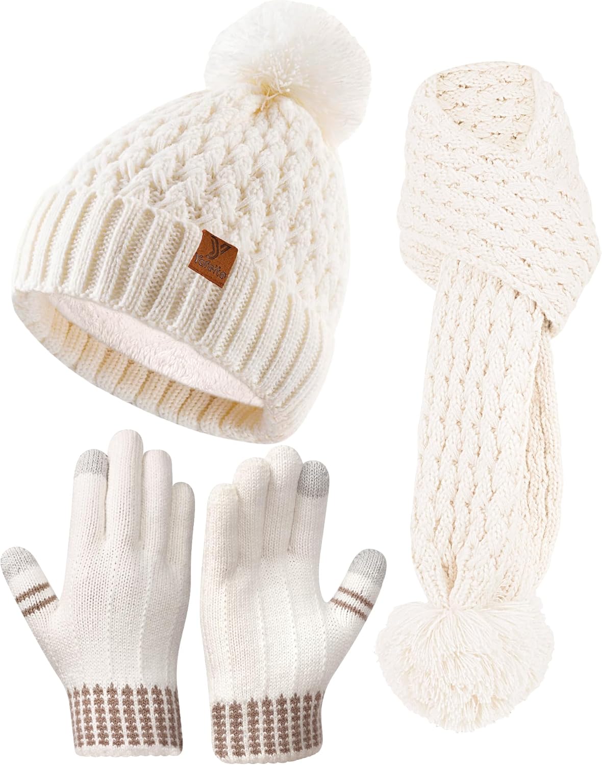 Kids Winter Hat Gloves Scarf Set, Girls Boys Toddler Winter Hat Beanie Pom Knitted Scarves Mittens Fleece Lined Age 5-12