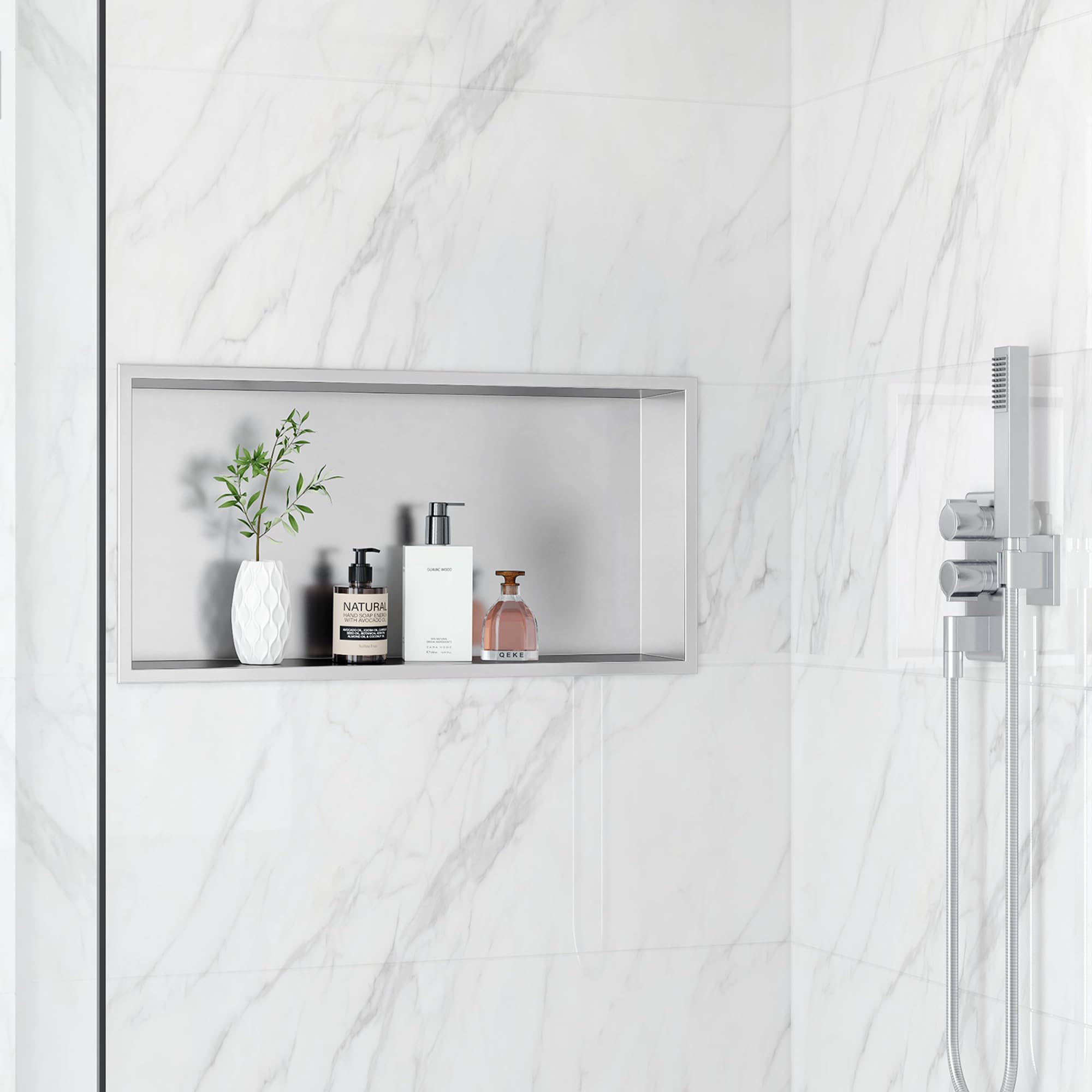 Qeke 304 Stainless Steel Recessed Shower Niche, Waterproof Built-in Wall Caddy with Flange, Easy to Installation, Rustproof for Bathroom & Kitchen, Single Layer, 60x30x10 CM, Brushed Nickel