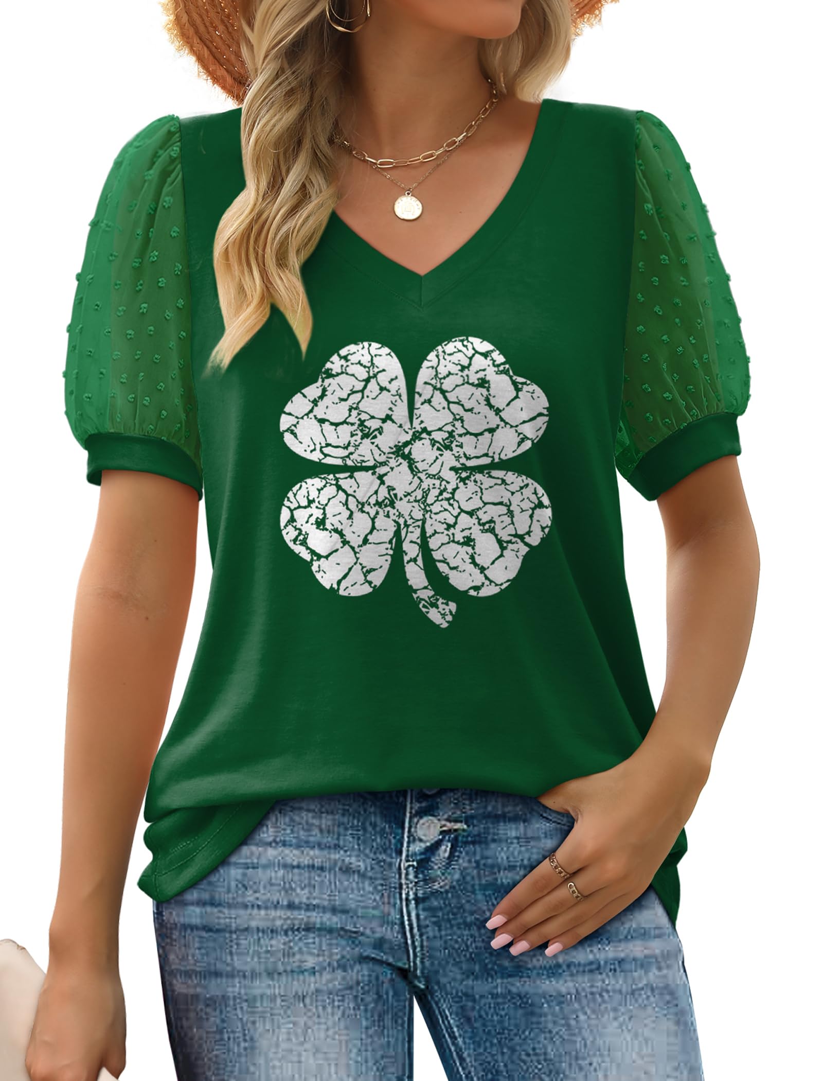 Aokosor Womens Summer Tops V Neck T Shirts Swiss Dot Puff Sleeve Tops Loose Casual Tshirts