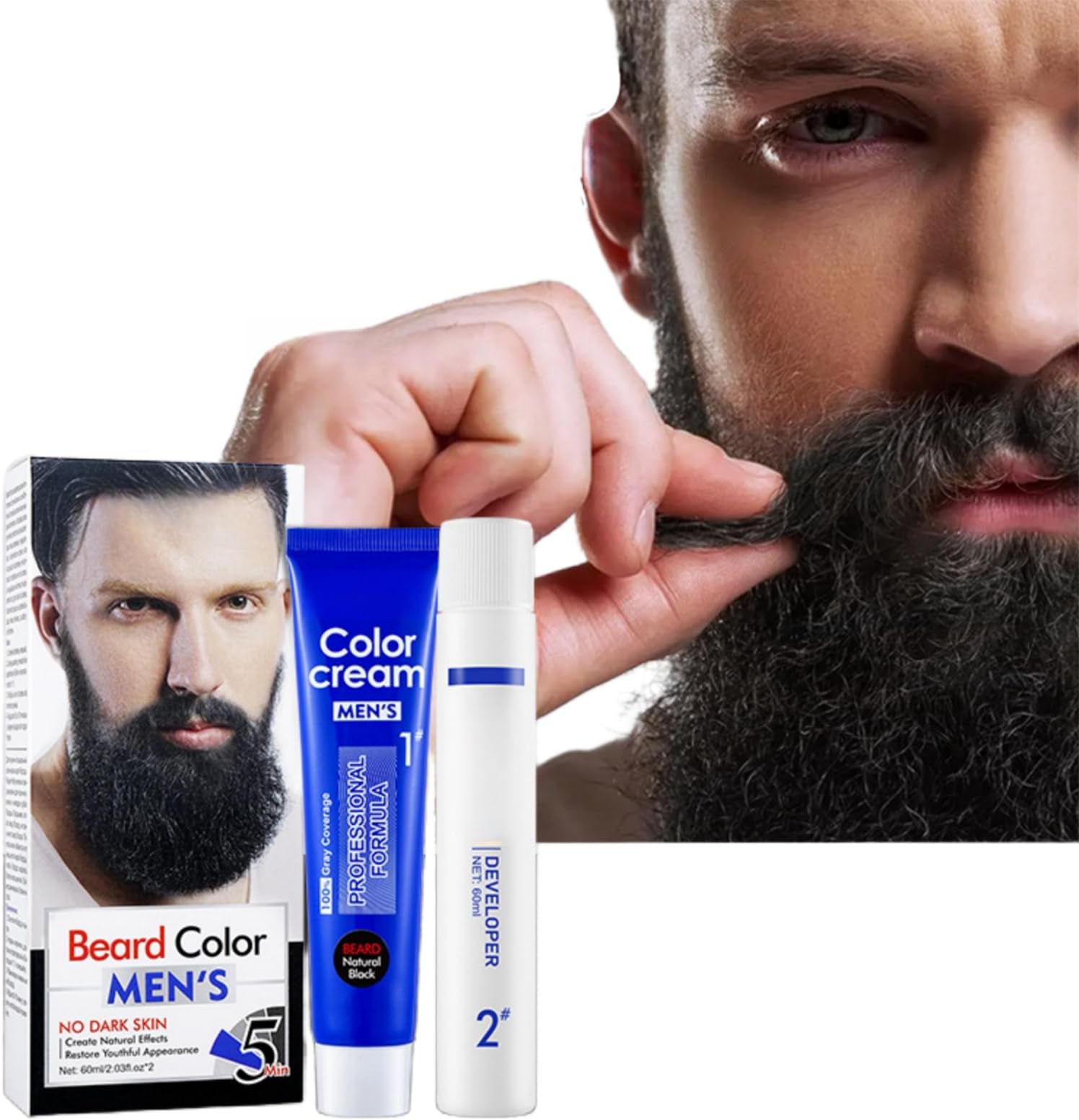 Black Beard Dye 60ml*2, Protect and Dye Your Beard, Gentle Formula for Healthier Dyeing, Rapid Brush-in Color, Easily Cover White Hair, Long-Lasting