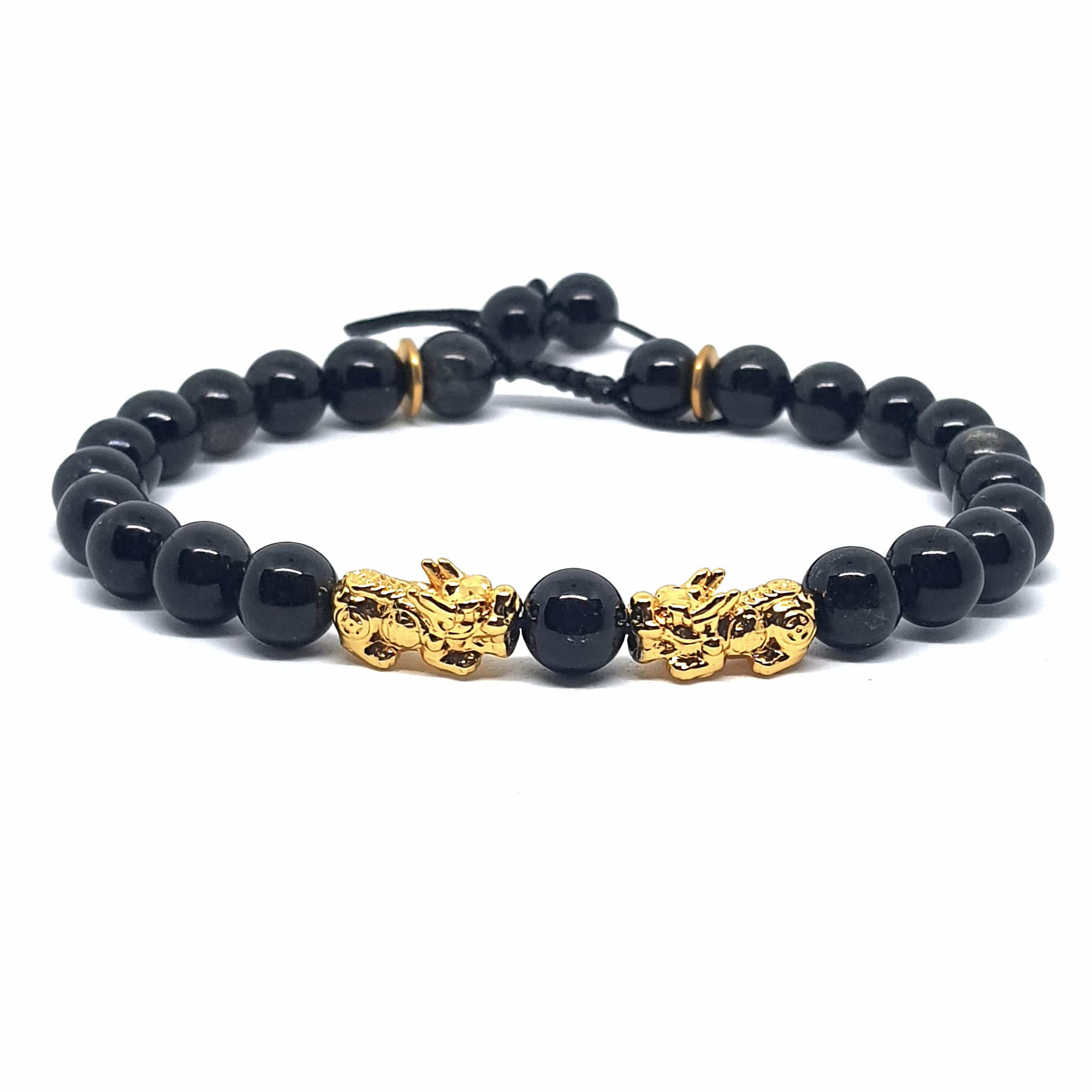Handmade8mm Black Obsidian & Gold Plated Pixiu Dragon Chinese Feng Shui Energy Healing Power PROTECTION and Wealth Beaded Bracelet