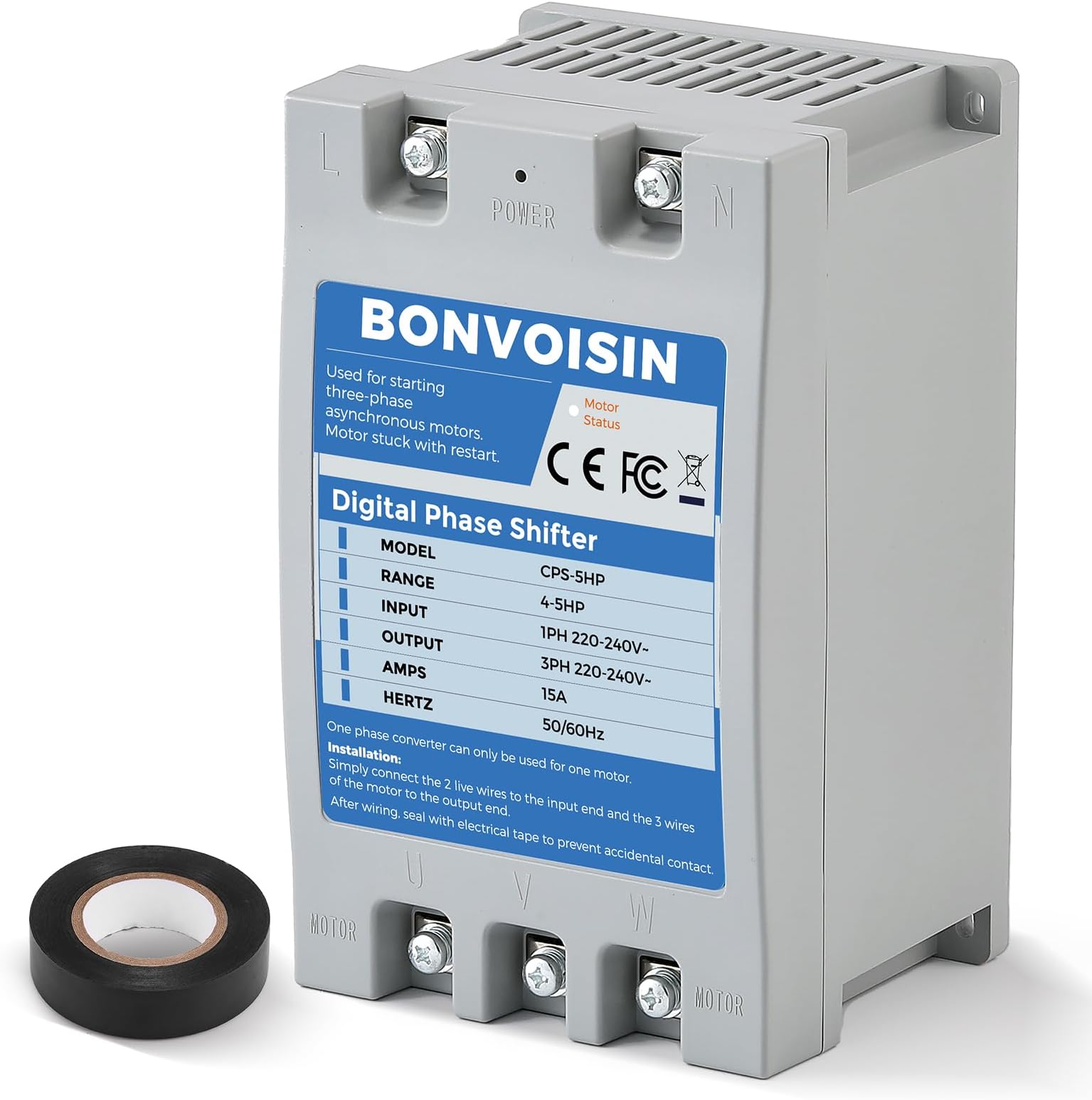 Bonvoisin Single Phase to 3 Phase Converter 5HP(3.75kW) Digital Phase Shifter, 7A 220V-240V Input/Output, One Converter only for one Motor.