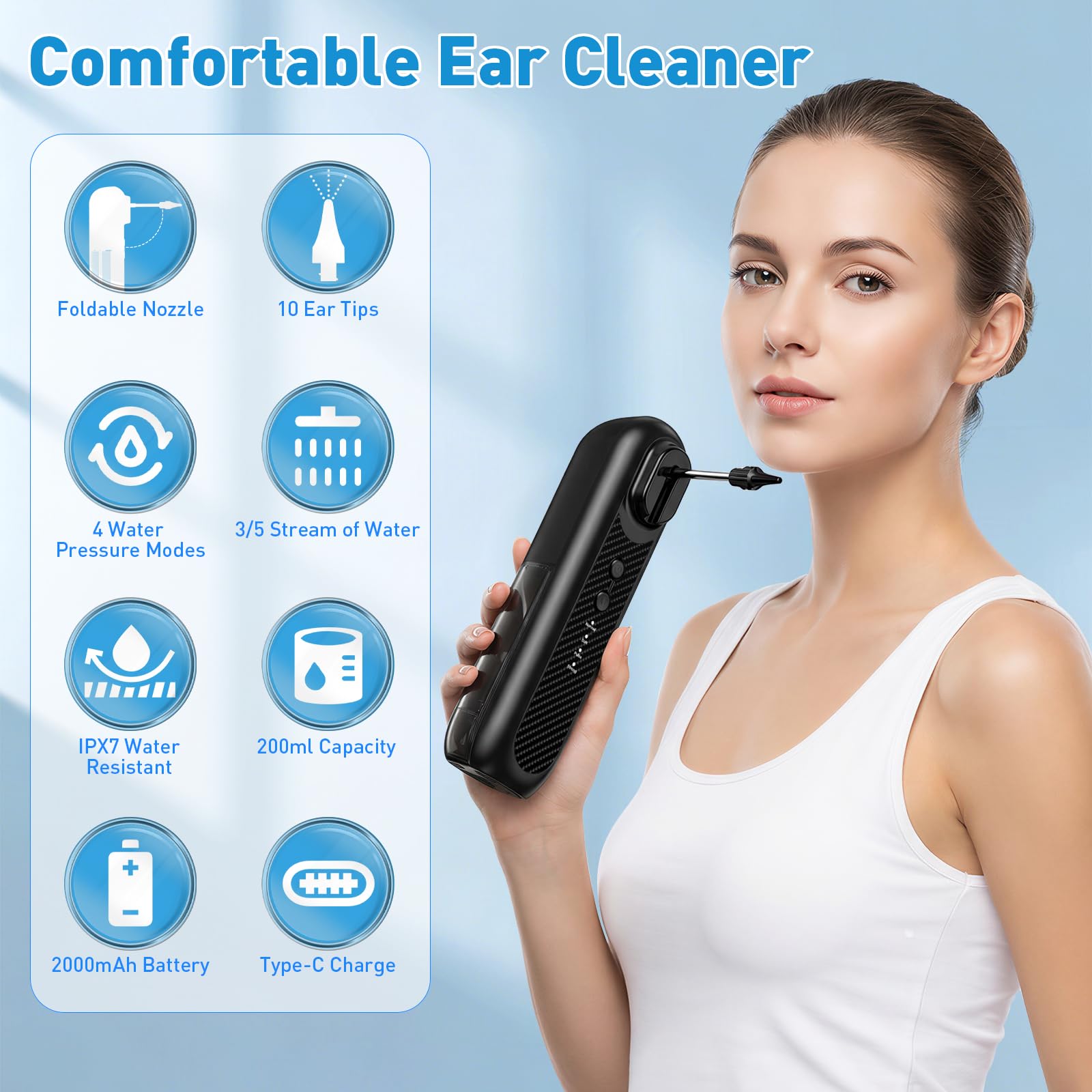 Limpiador de Oídos Eléctrico, Removedor de Cerumen con 5 Modos de Limpieza, Sistema de Irrigación Auditiva con Pantalla LCD, IPX5 Impermeable, Depósito de 250ml, Recargable USB-C