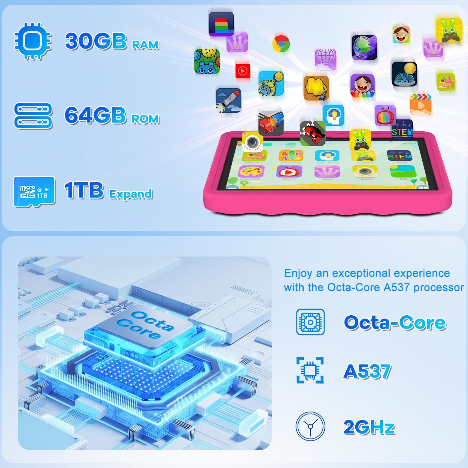 DMOAO Tablet Bambini 10 Pollici Android 15 con 30GB RAM, 5G Wi-Fi 6, 64GB ROM(2TB), Control Parental, Octa-Core, 8MP+5MP, 6000mAh, Custodia Protettiva EVA + Supporto Girevole a 360°, Rosa Rosso