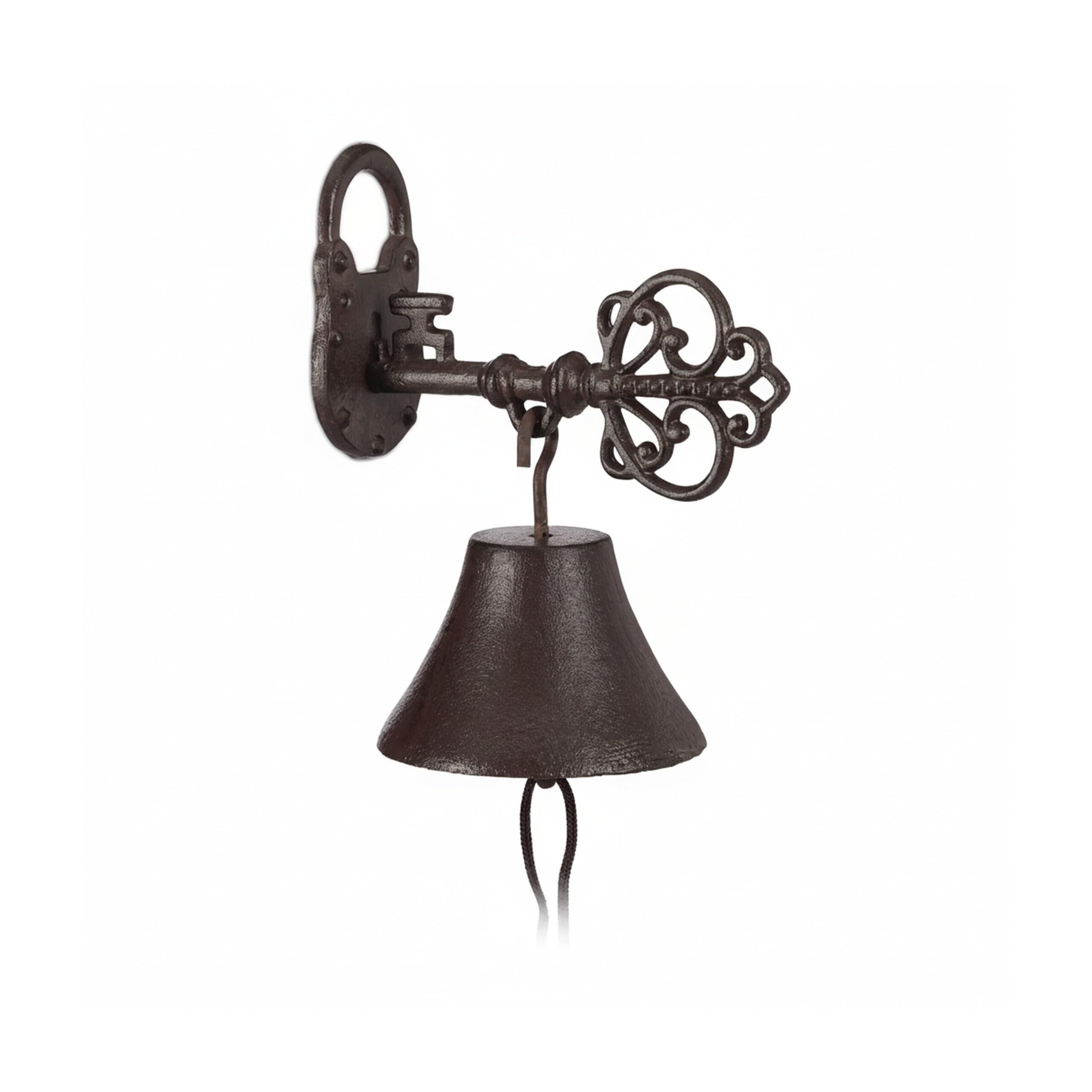 Relaxdays Cloche Porte Sonnette Fonte, Clé et Cadenas, Charme nostalgique, pour Maison et Jardin, Rustique, Brun Rouille, Marron
