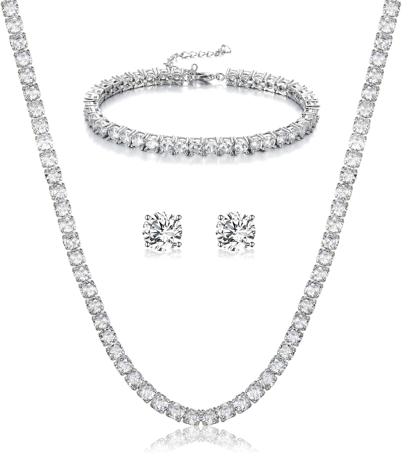 BriLove Wedding Bridal Cubic Zirconia Classic Sparkling Tennis Bracelet Necklace Earrings Jewelry Set for Women Clear Silver-Tone