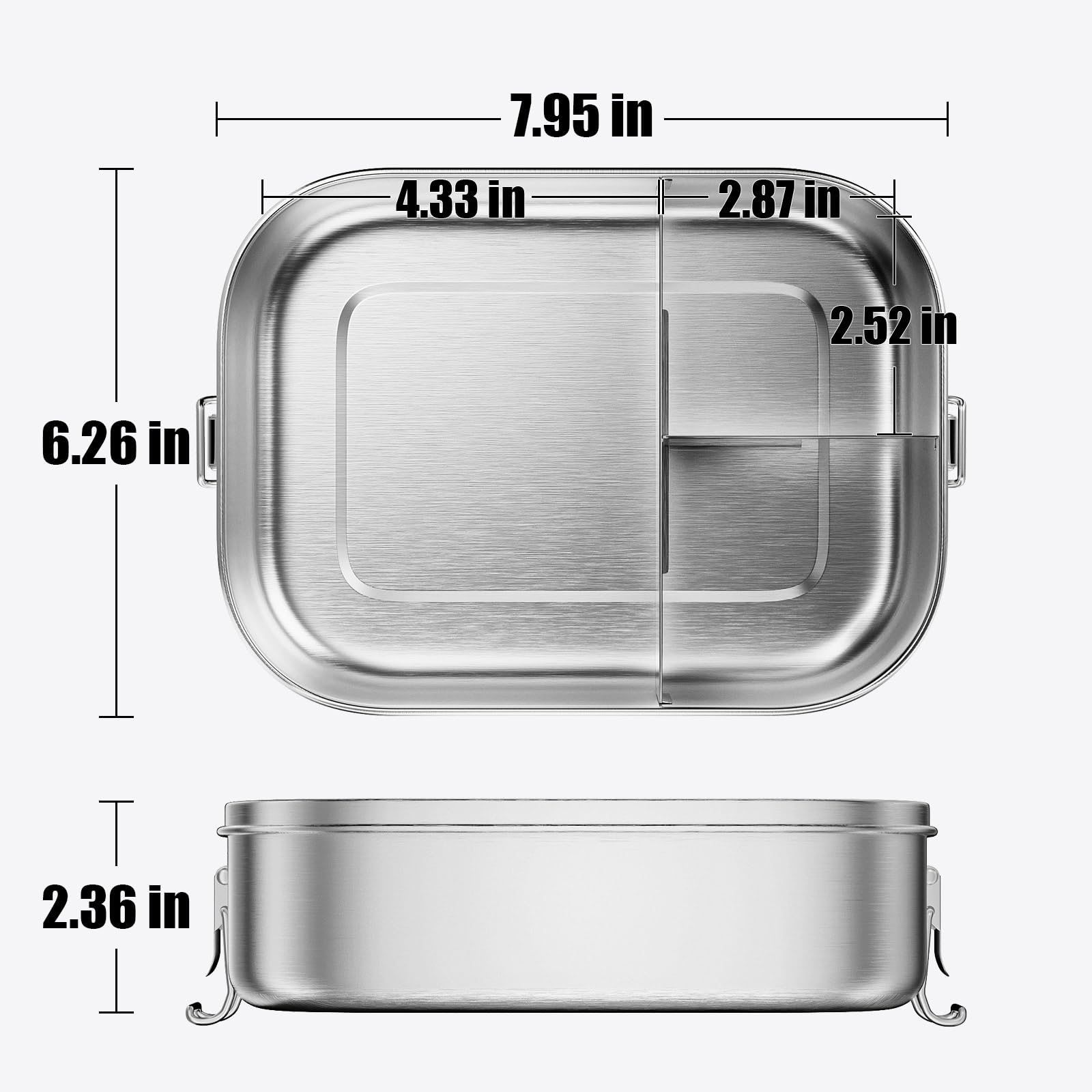 1400ML Edelstahl Bento Box für Erwachsene, 3-Fach Metall Lunchbox mit abschließbaren Clips, 1,332.4 g auslaufsicherer Lebensmittelbehälter für Arbeit, Reisen, spülmaschinenfest