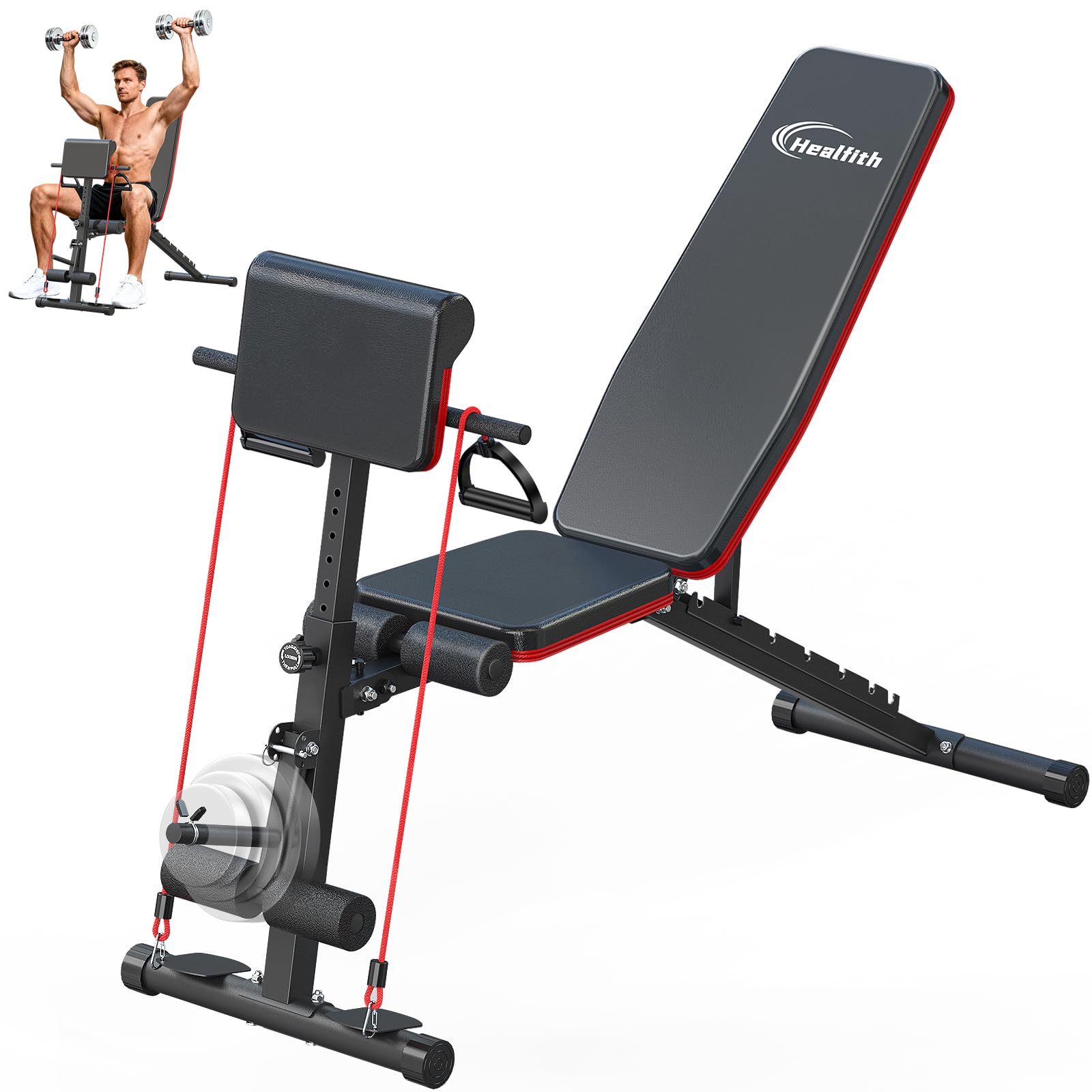 Hantelbank Klappbar, Hantelbank Verstellbar Multifunktion Trainingbank, Schrägbank mit Beinstrecker und Preacher-Curl-Polster, zertifiziert mit 350KG, Krafttraining Bänke für Home Gym
